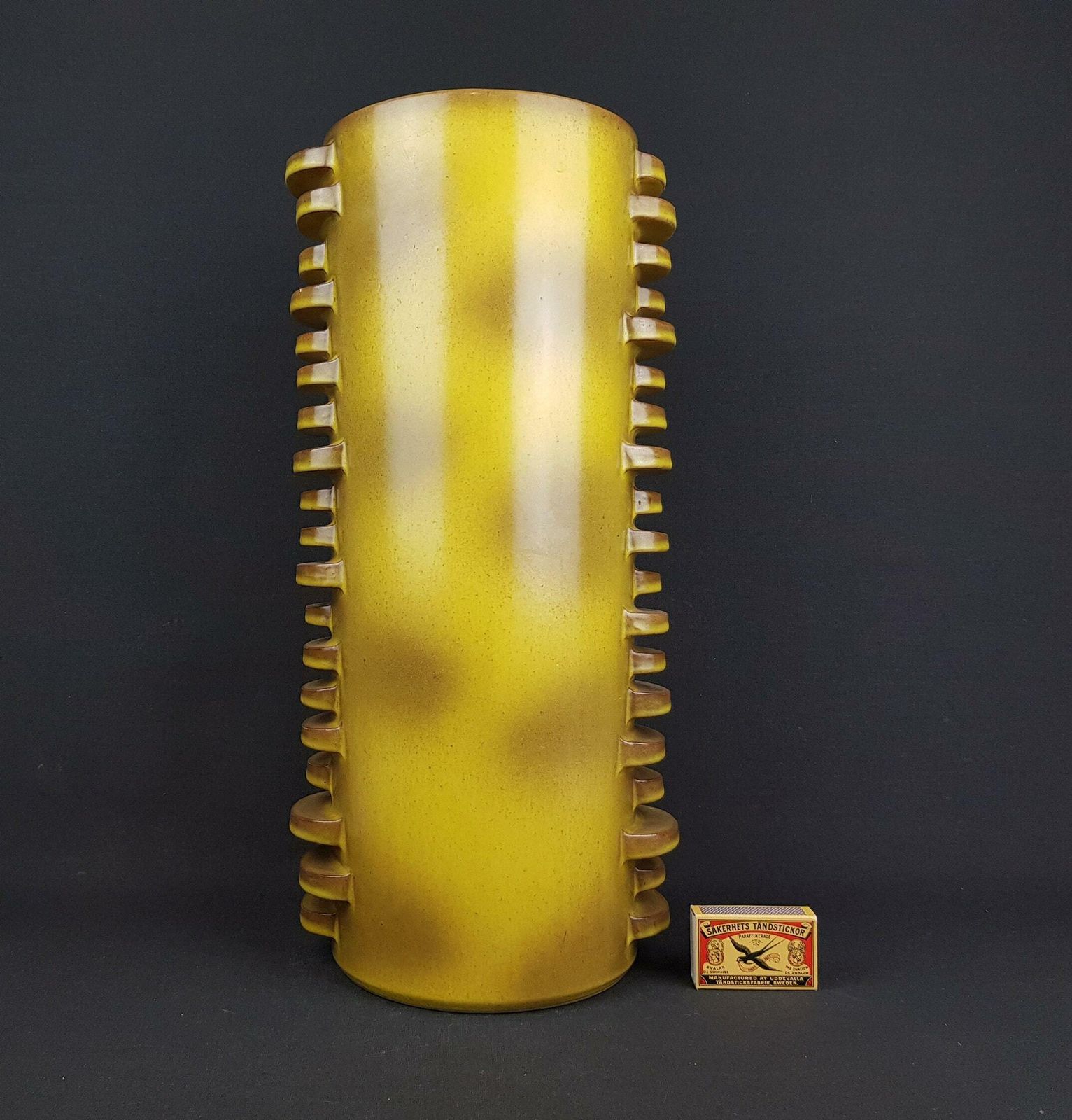Rare Xl Vintage Dumler Und Breiden Keramik Studio 61 43 Brown Yellow Floor Vase With Side Nubs "City"Decor 1970s photo furniture