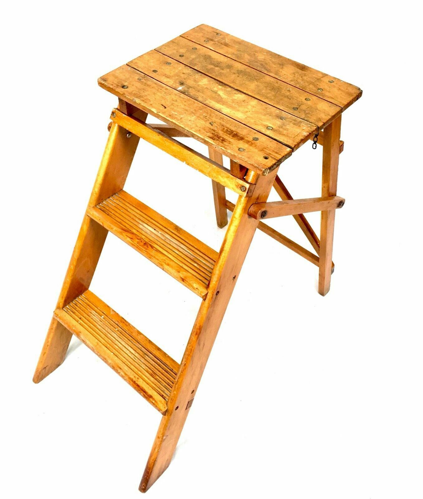 Antique 20th Century Wooden Household Stained Pine Folding Step Ladder photo furniture