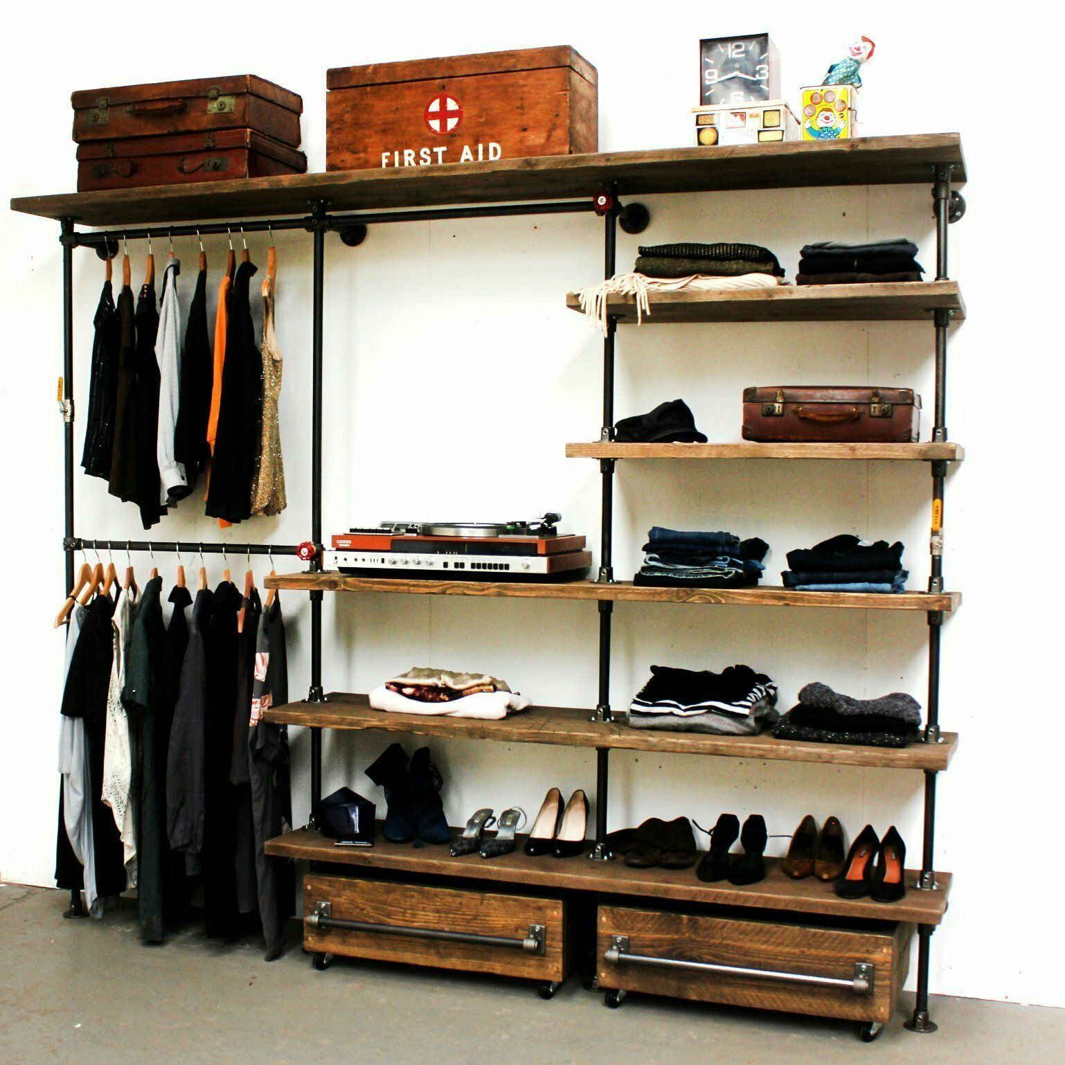 Max Industrial Reclaimed Scaffold Board And Dark Steel Pipe Clothes Hanging And Dressing Room Shelving Unit With Storage Drawers photo 2200.0