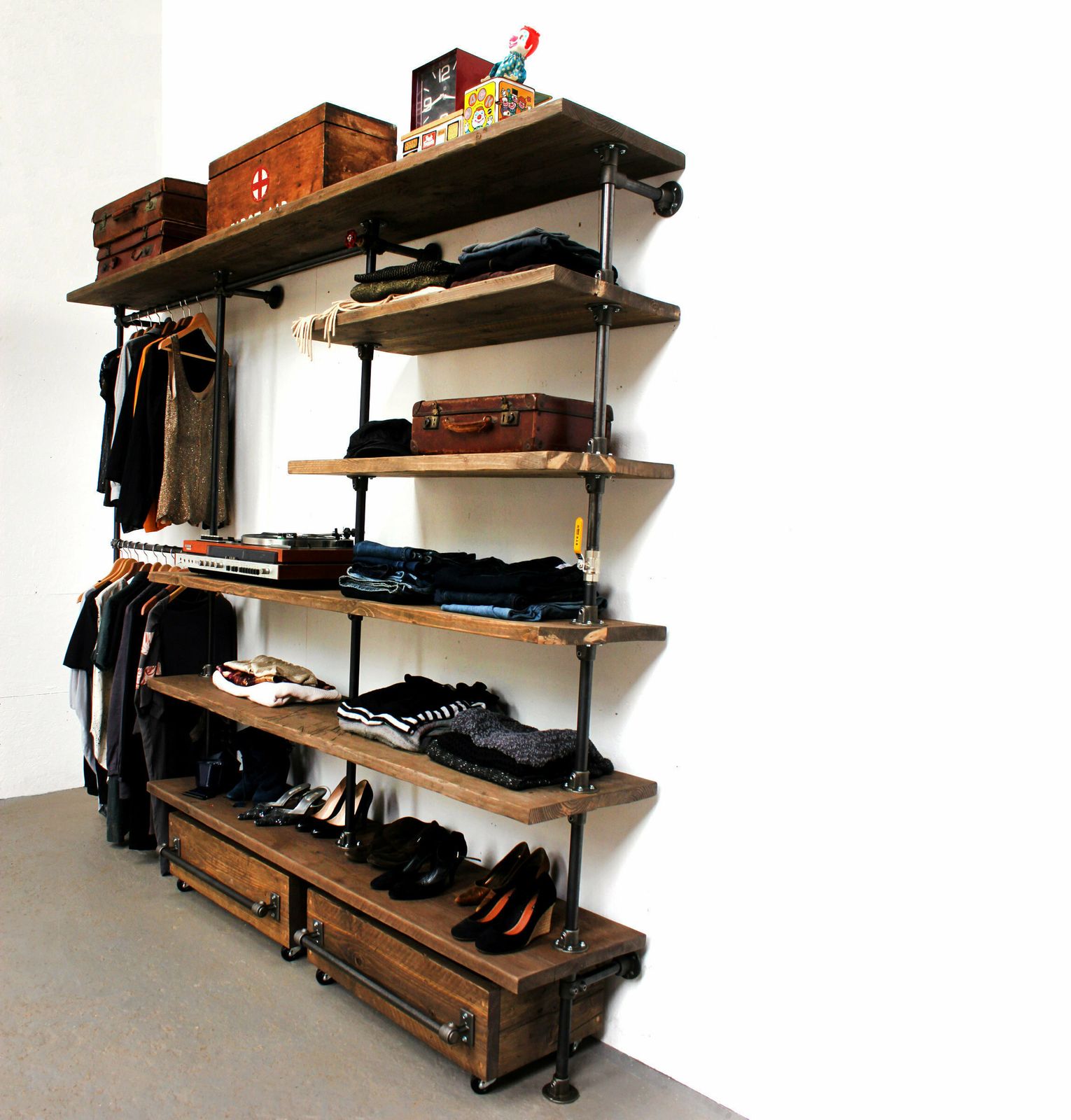 Max Industrial Reclaimed Scaffold Board And Dark Steel Pipe Clothes Hanging And Dressing Room Shelving Unit With Storage Drawers photo buy