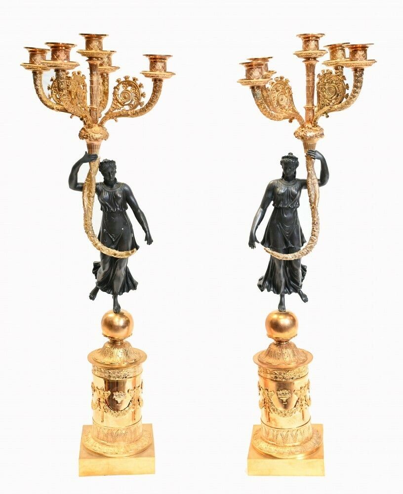 Pair French Bronze Candelabras Maiden Regency Classical Gilt