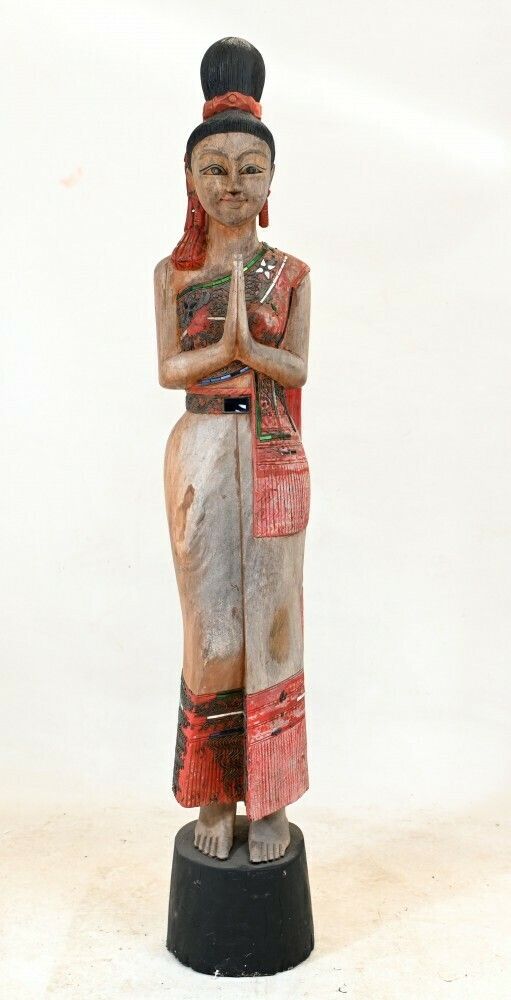 Vintage Carved Thais Budhhist Woman Statue Buddha Prayer photo furniture