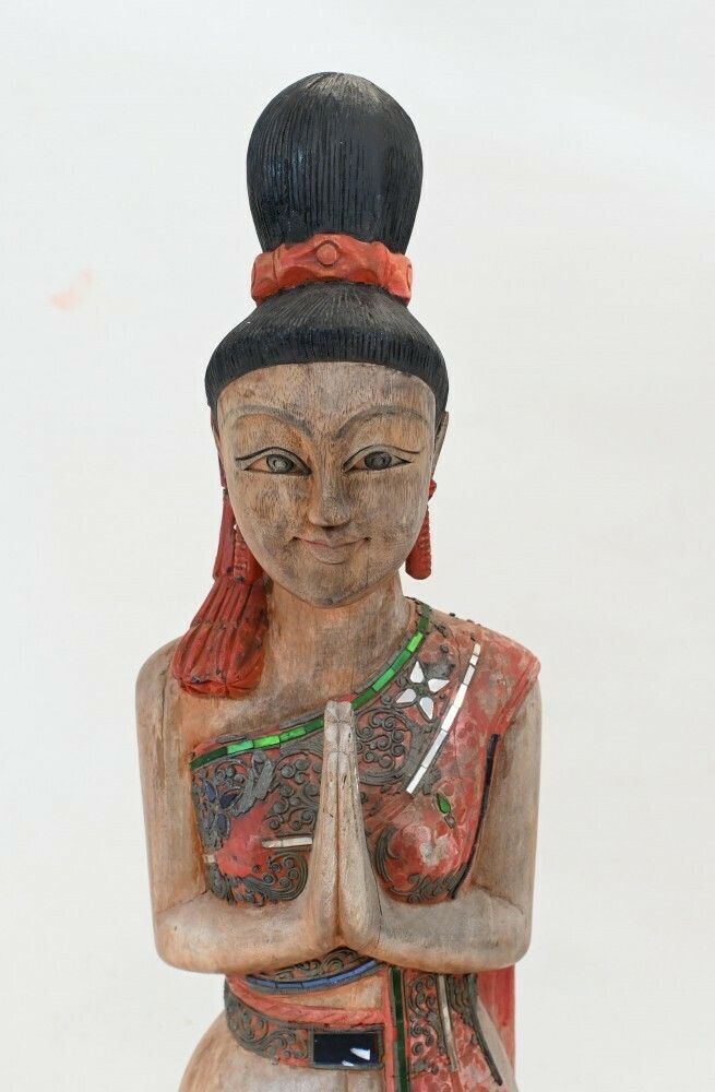 Vintage Carved Thais Budhhist Woman Statue Buddha Prayer photo for sale