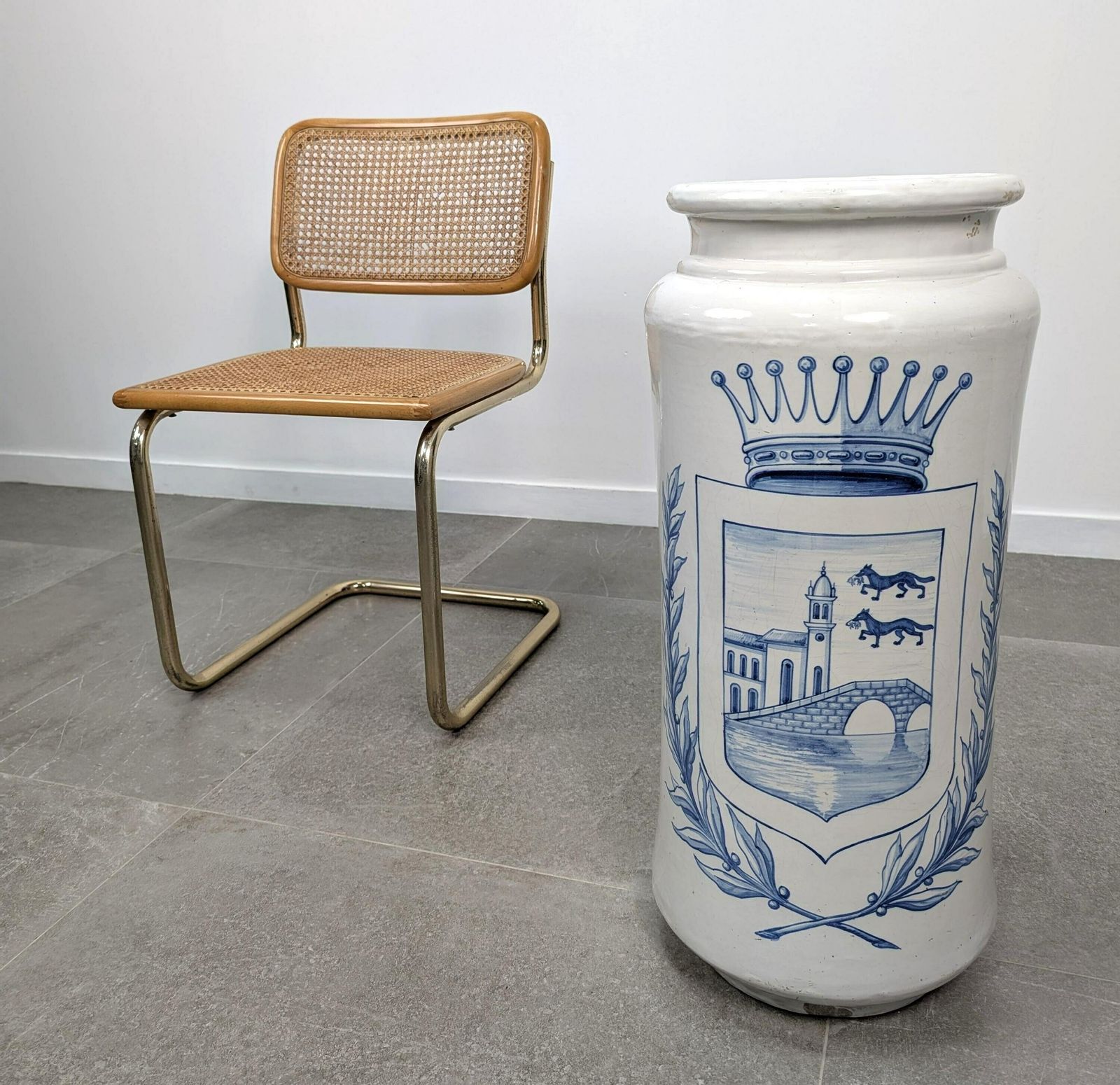 Antique Talavera Ceramic Umbrella Stand With Bilbao Coat Of Arms