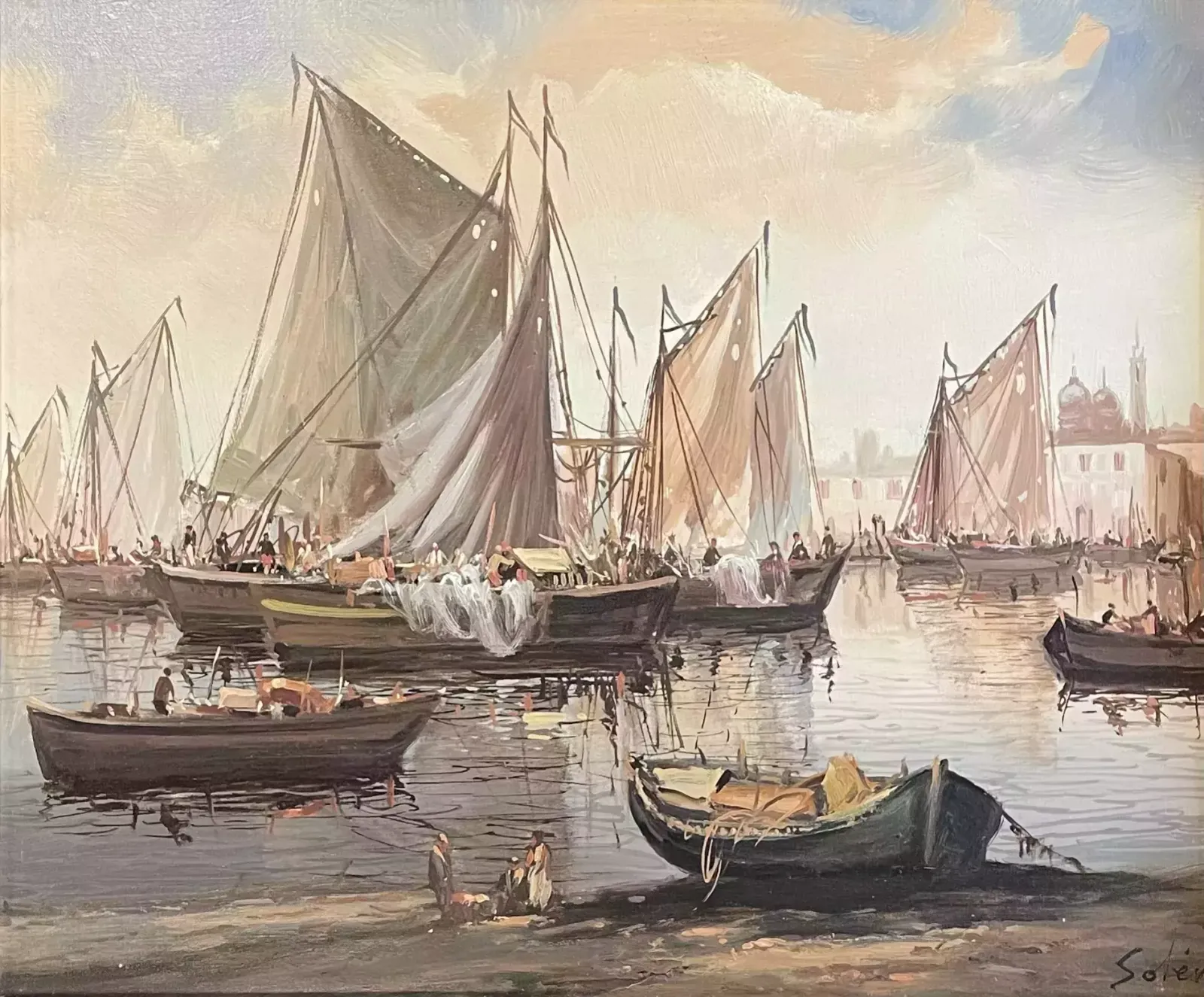 Sailing Boats In Harbor, Oil On Canvas, Mid 20th Century photo Art