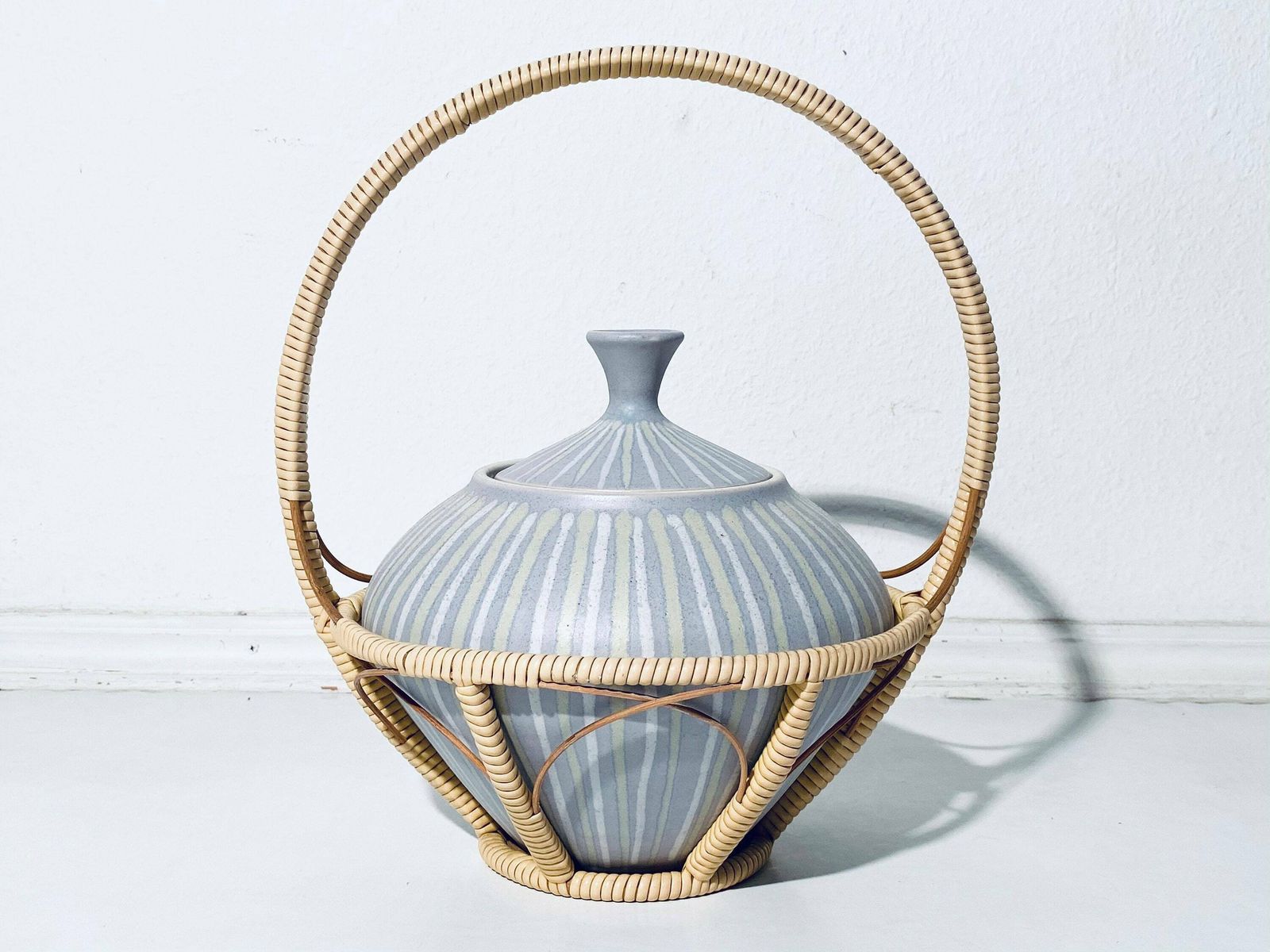 Mid Century Light Blue Ceramic Punch Bowl Container With Basket / Vintage German Pottery 50s 60s / 4 Liter photo furniture