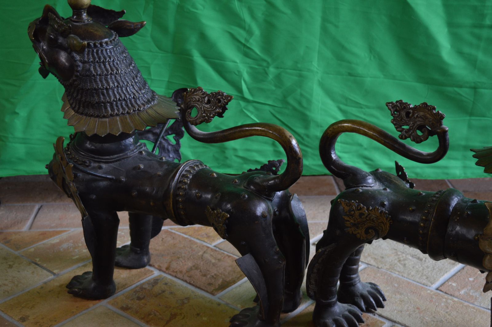 Art Large Pair (35kgs) 19th Century Tibetan Bronze Temple Lions/Foo Dogs,C1880. photo