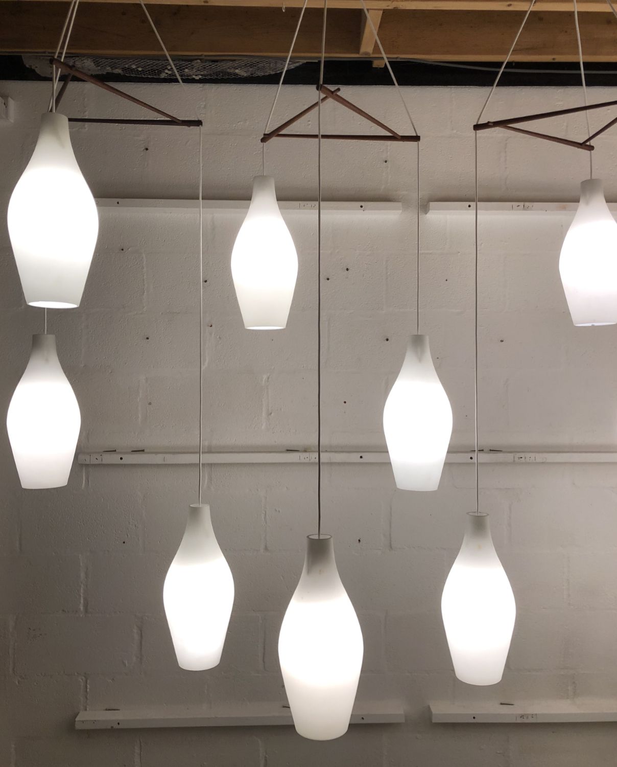 30 Large Midcentury Glass Bowling Pin Lights Set Of 10 Scandinavian Teak Cascade Chandelier Pendants 1960s photo for sale
