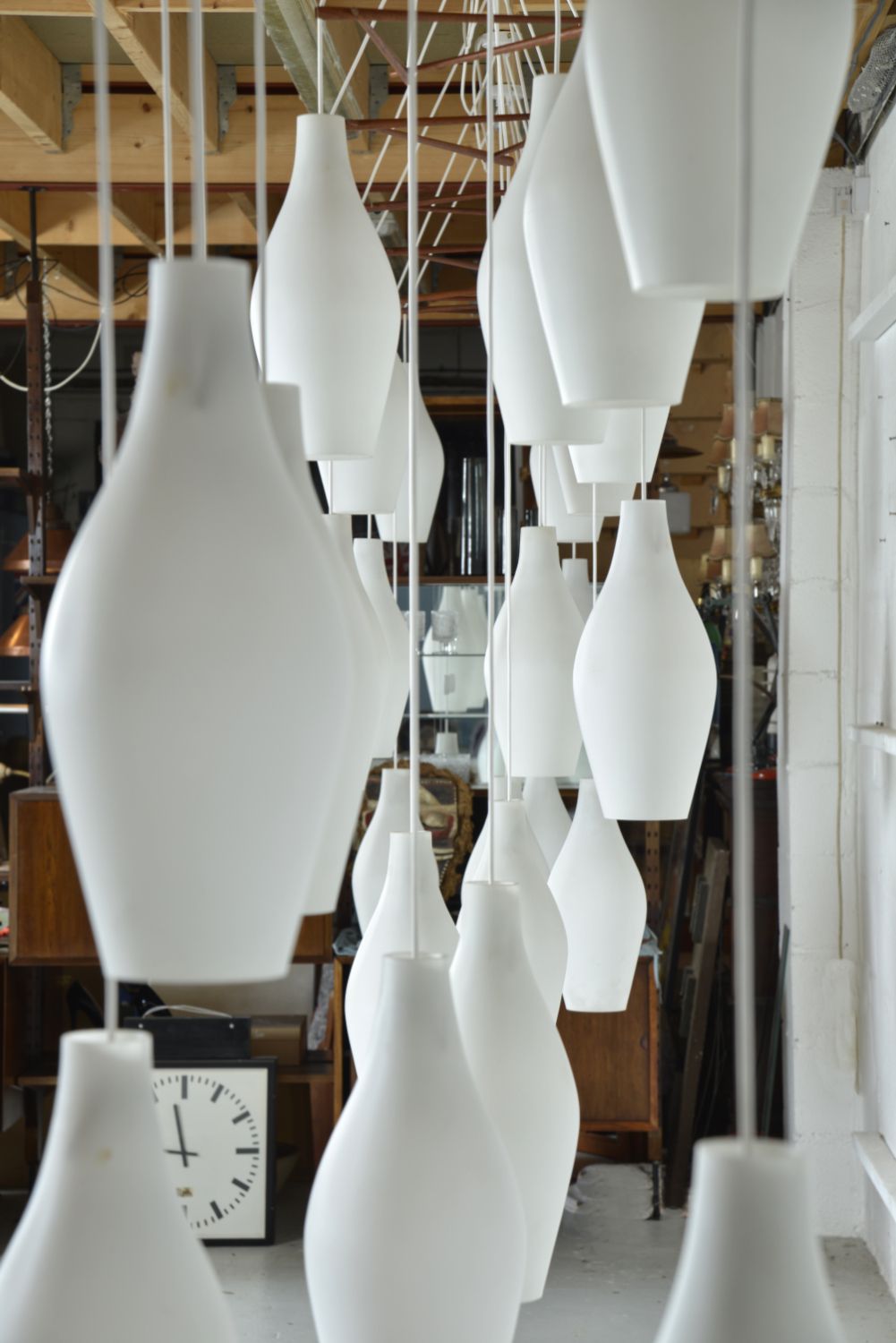 photo for sale 30 Large Midcentury Glass Bowling Pin Lights Set Of 10 Scandinavian Teak Cascade Chandelier Pendants 1960s