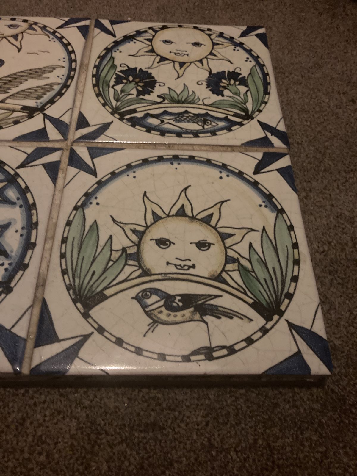 Set Of 4  Arts And Crafts Style Decorative Sun And Moon Cosmos Tiles photo 120.0