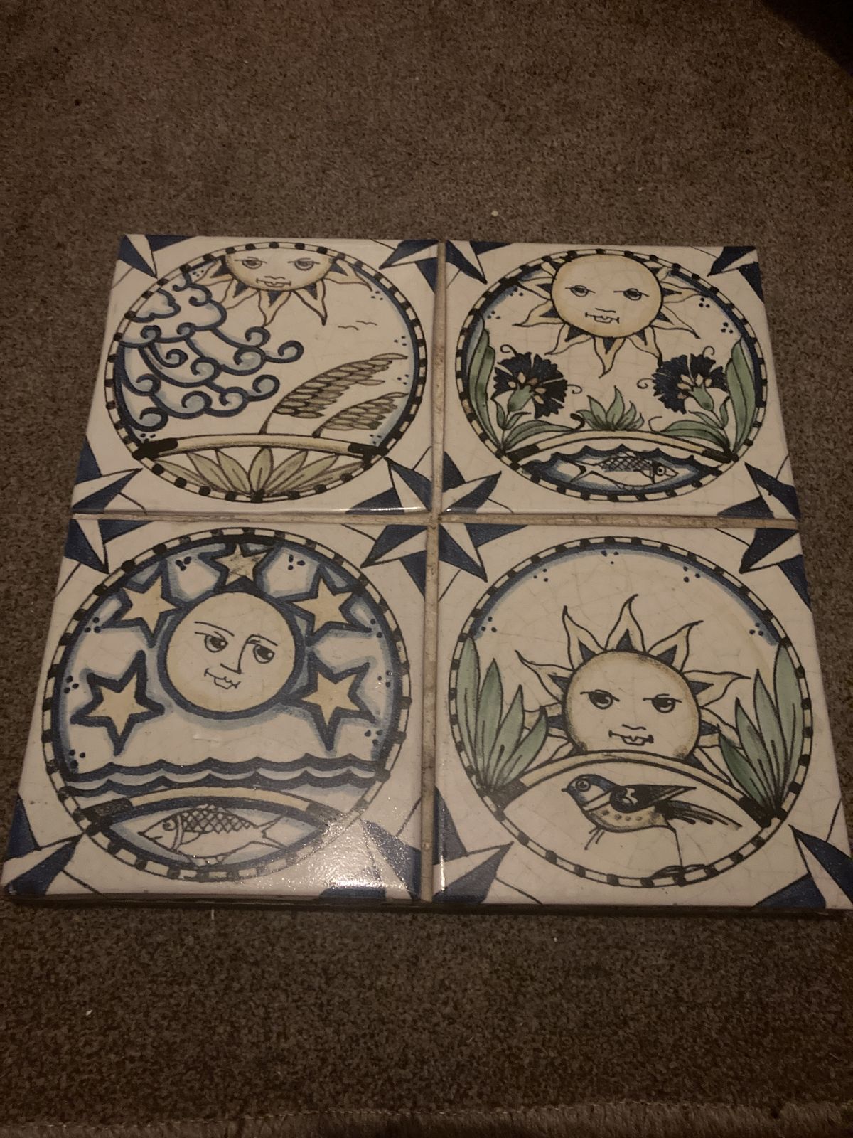 Set Of 4  Arts And Crafts Style Decorative Sun And Moon Cosmos Tiles photo vinterior