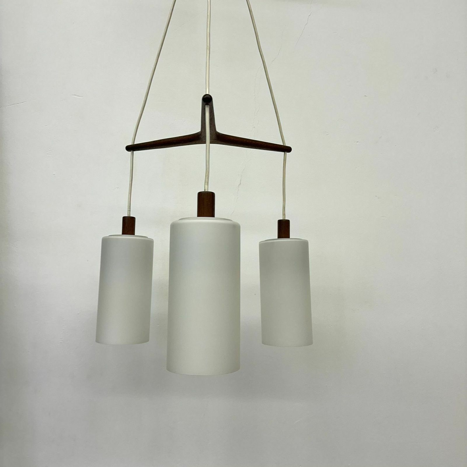 Lighting Mid Century Design Pendant Lamp Teak And Opaline Glass , 1970s photo