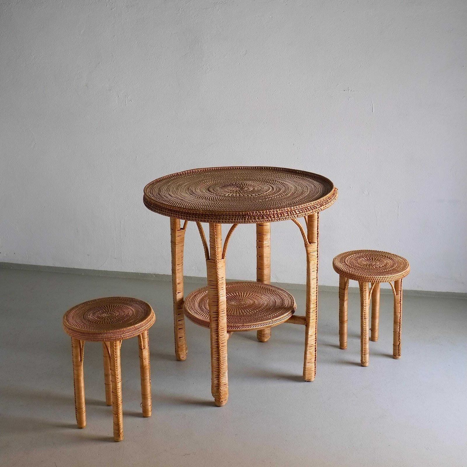 Vintage Woven Wicker Table Set | Patio Garden | 1980s