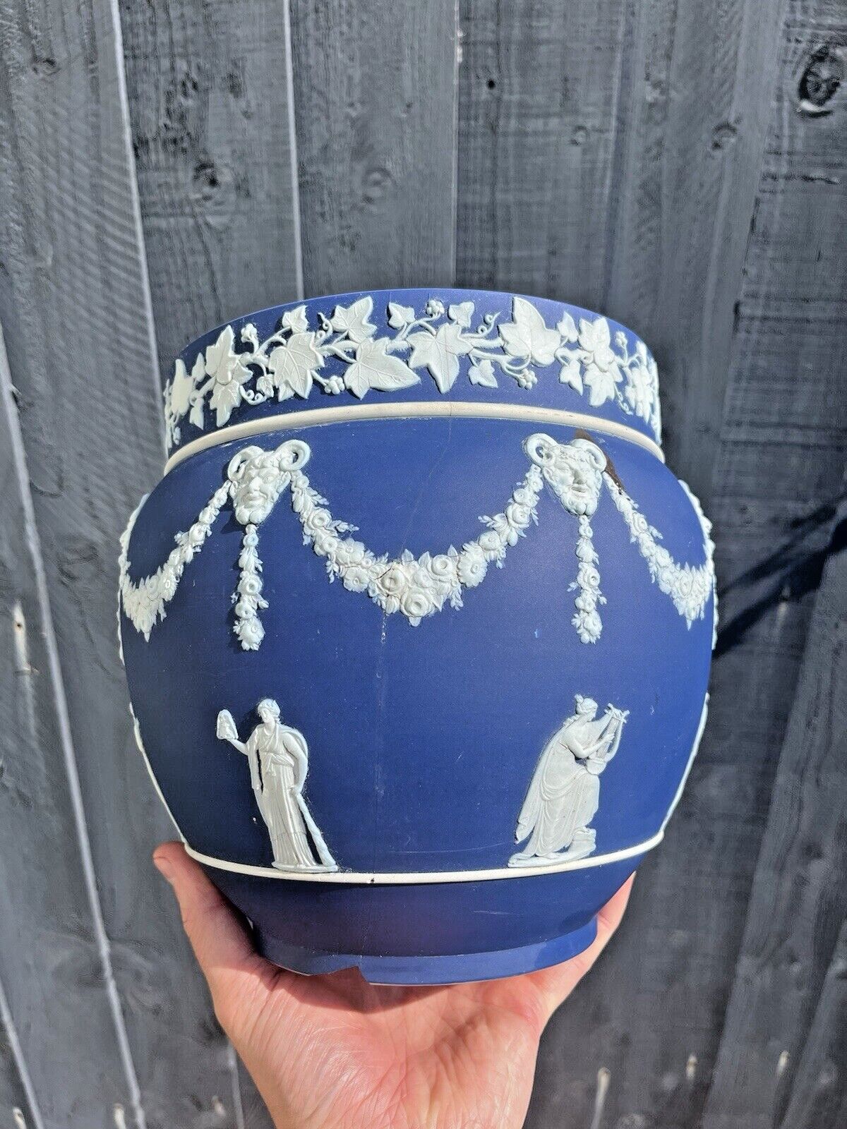 Large Antique 19th C Wedgwood Cobalt Blue Jasperware Jardiniere Plant Pot Af photo buy