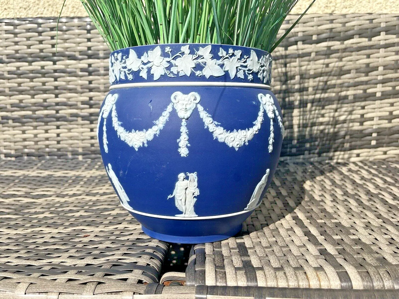 photo buy Large Antique 19th C Wedgwood Cobalt Blue Jasperware Jardiniere Plant Pot Af