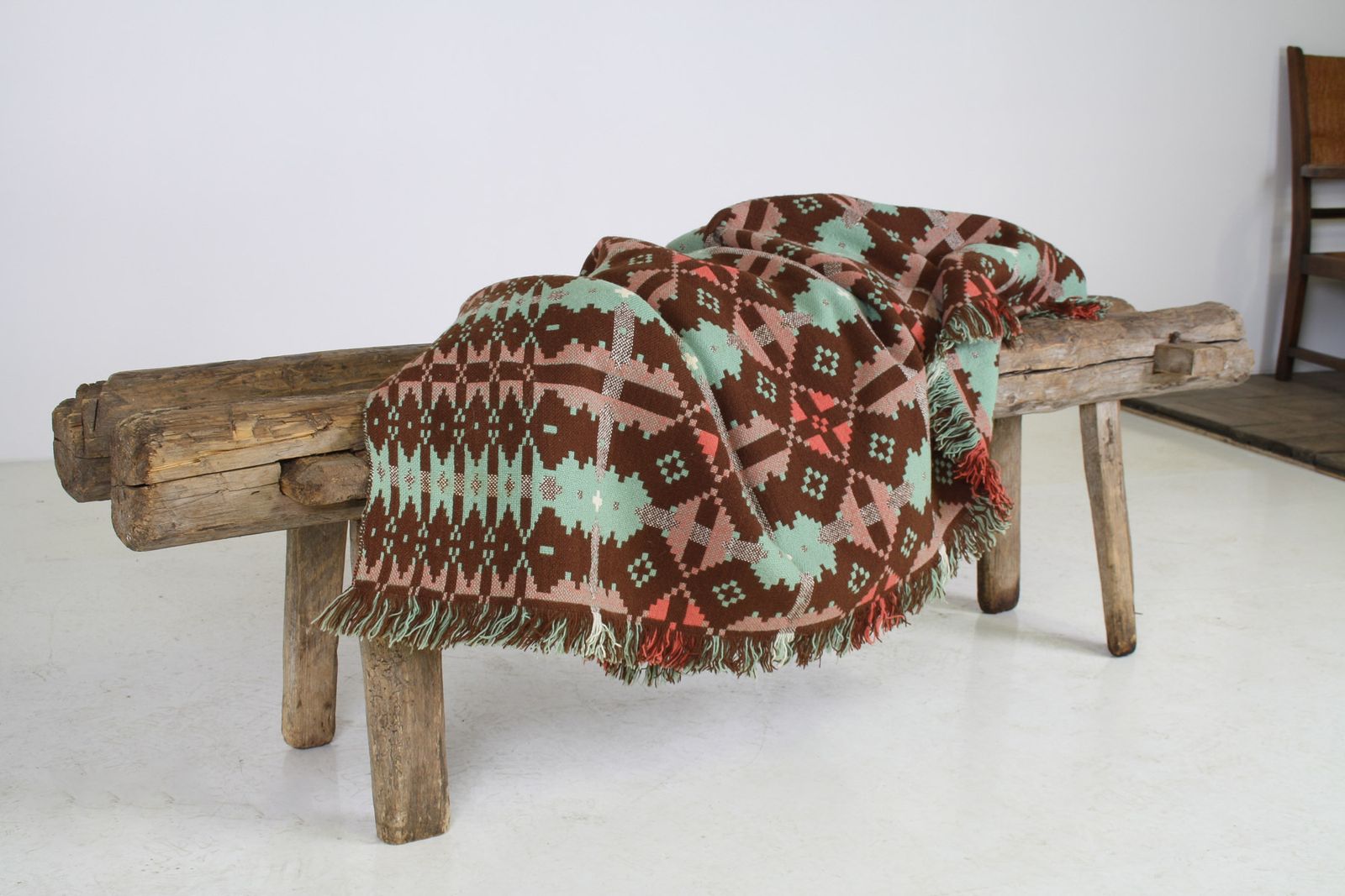 1960s Vintage Pure Welsh Wool Tapestry Blanket In Autumnal Brown And Green photo vintage