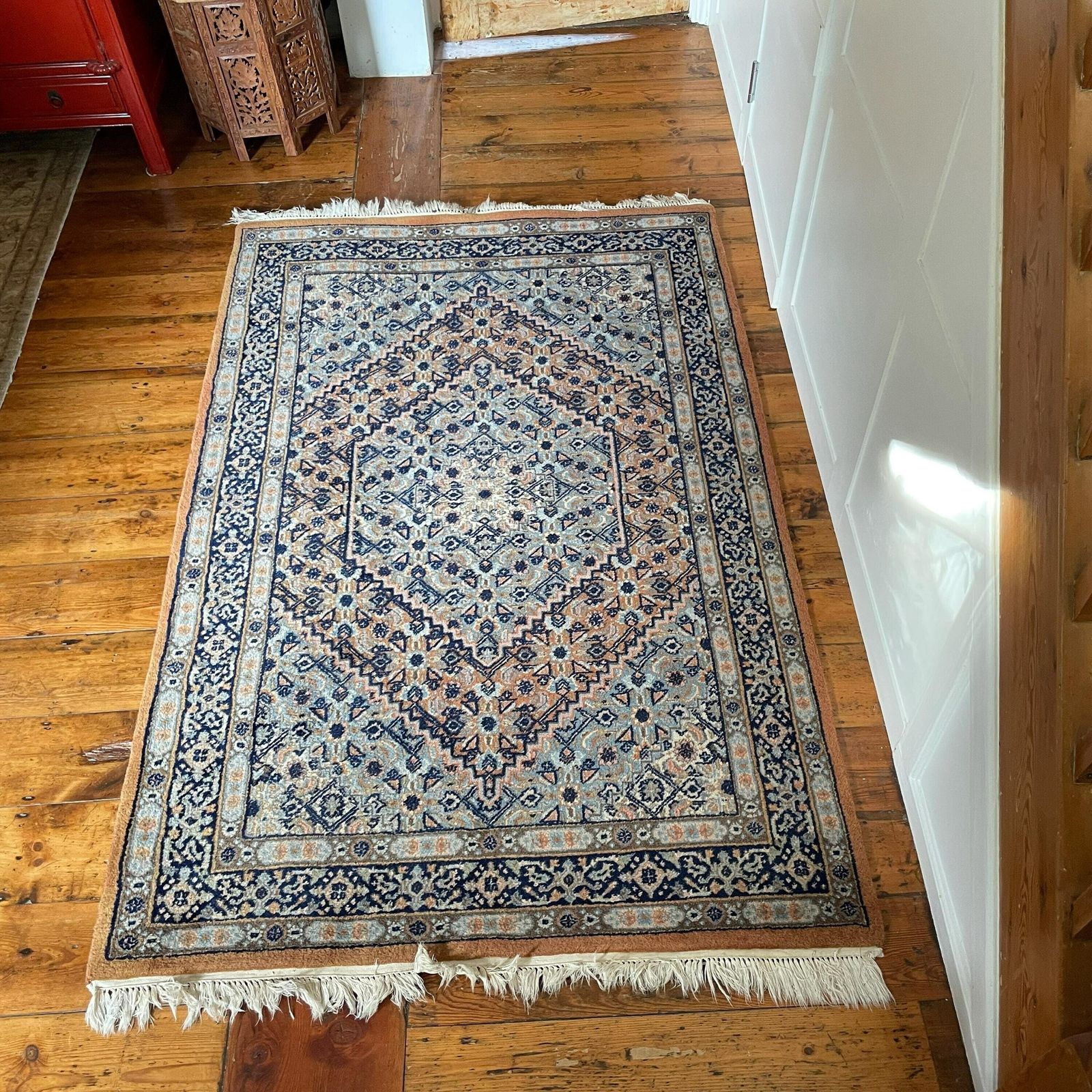 Antique Woven Rug Carpet Mat Handmade Rectangle Wool Vintage Textile Patterned Pattern Tassels Cottage 124x199cm Blue Burnt Orange photo furniture