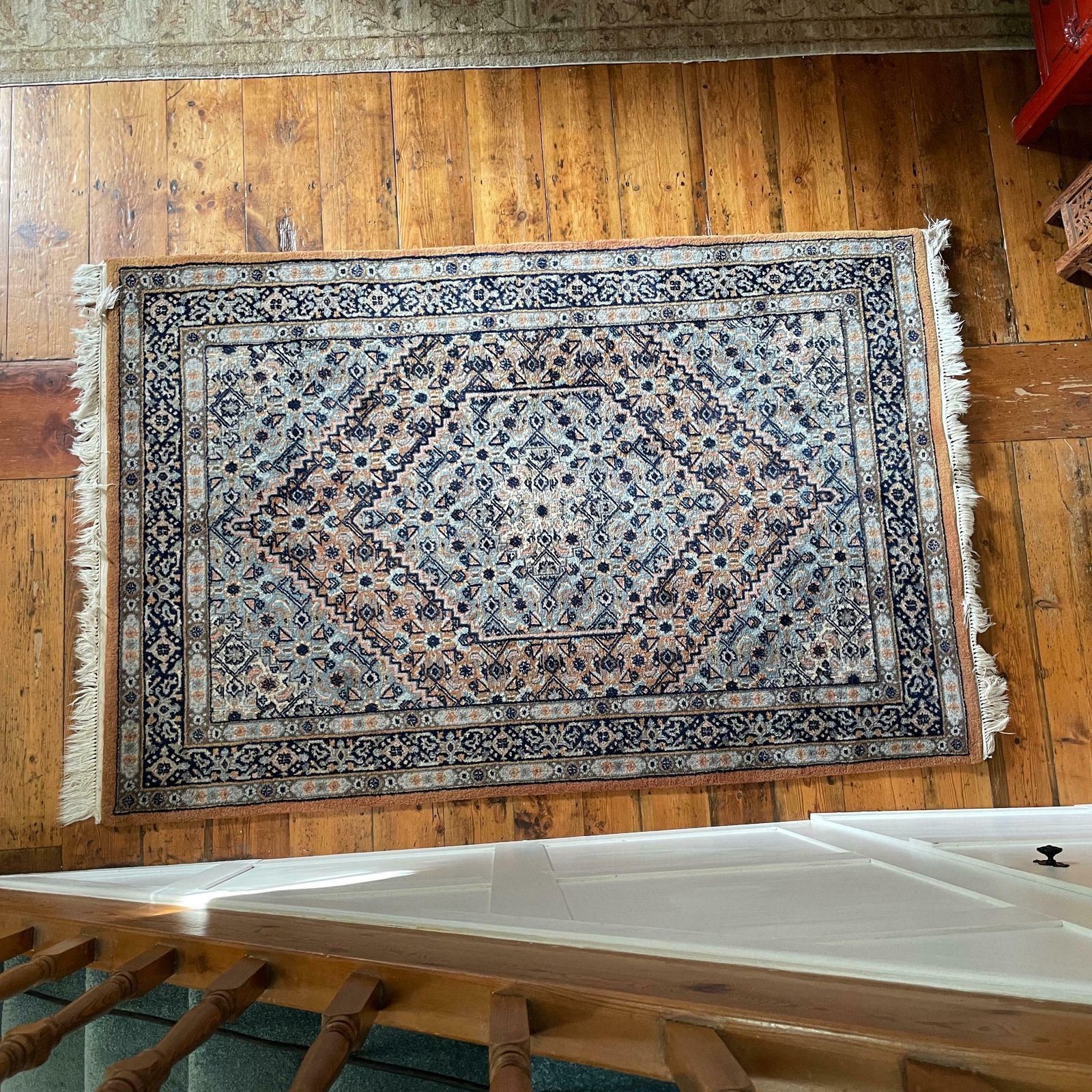 Antique Woven Rug Carpet Mat Handmade Rectangle Wool Vintage Textile Patterned Pattern Tassels Cottage 124x199cm Blue Burnt Orange photo for sale