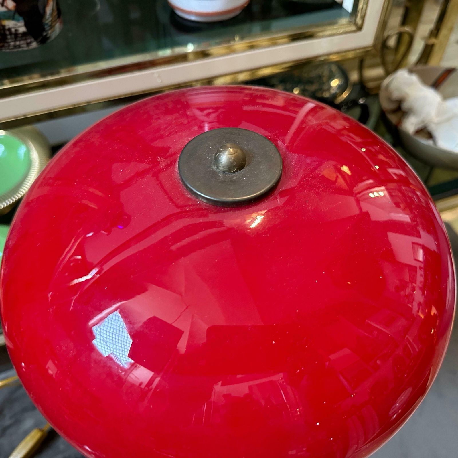photo furniture 1950s Stylish Mid Century Modern Brass And Red Glass Italian Table Lamp