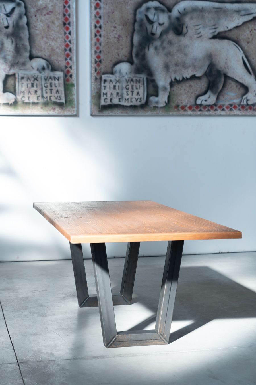 Industrial Style Handcrafted Dining Table With Brushed Fir Top And Brushed Iron Legs (2020) photo for sale
