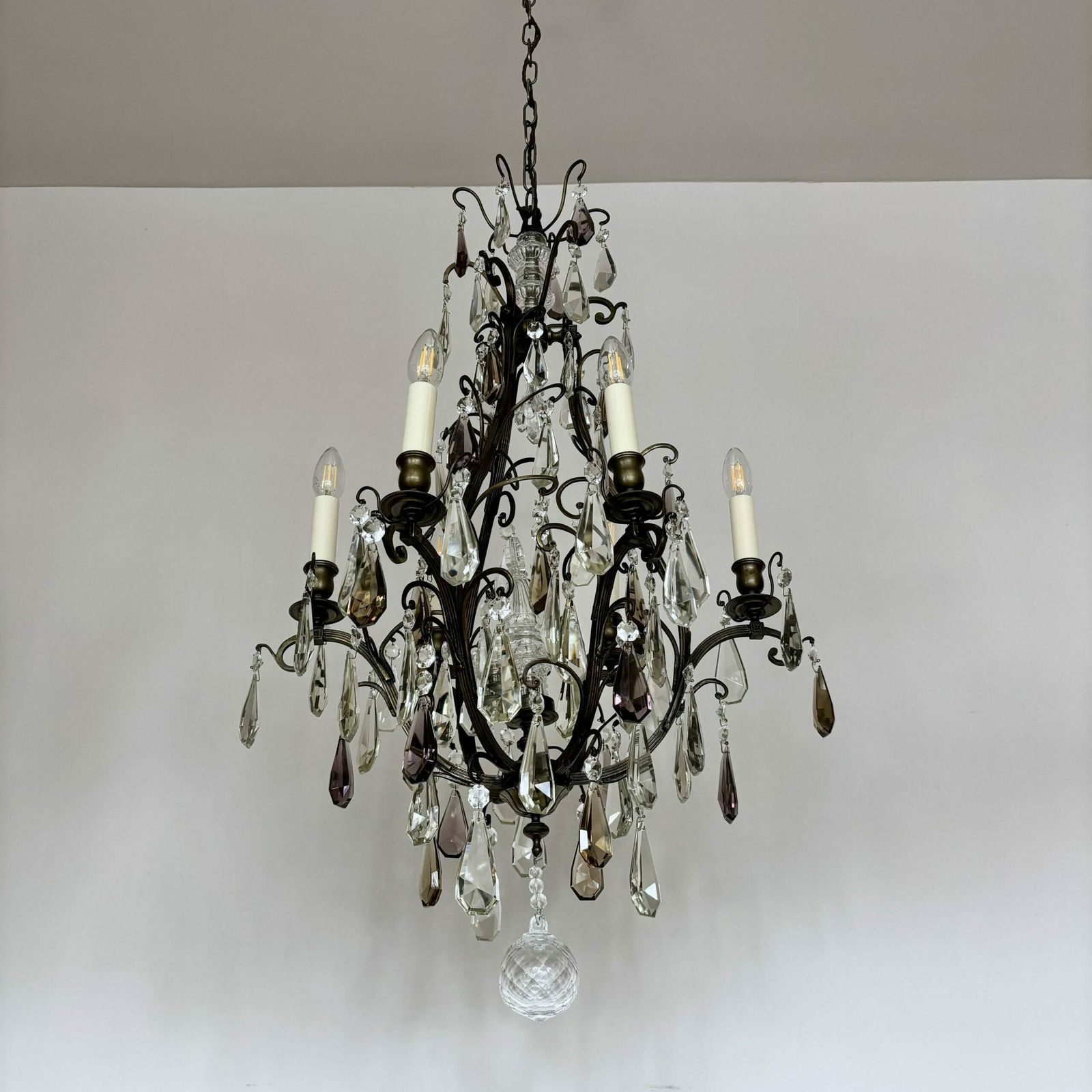 Large French Brass Birdcage Chandelier With Smokey Crystal Drops photo furniture