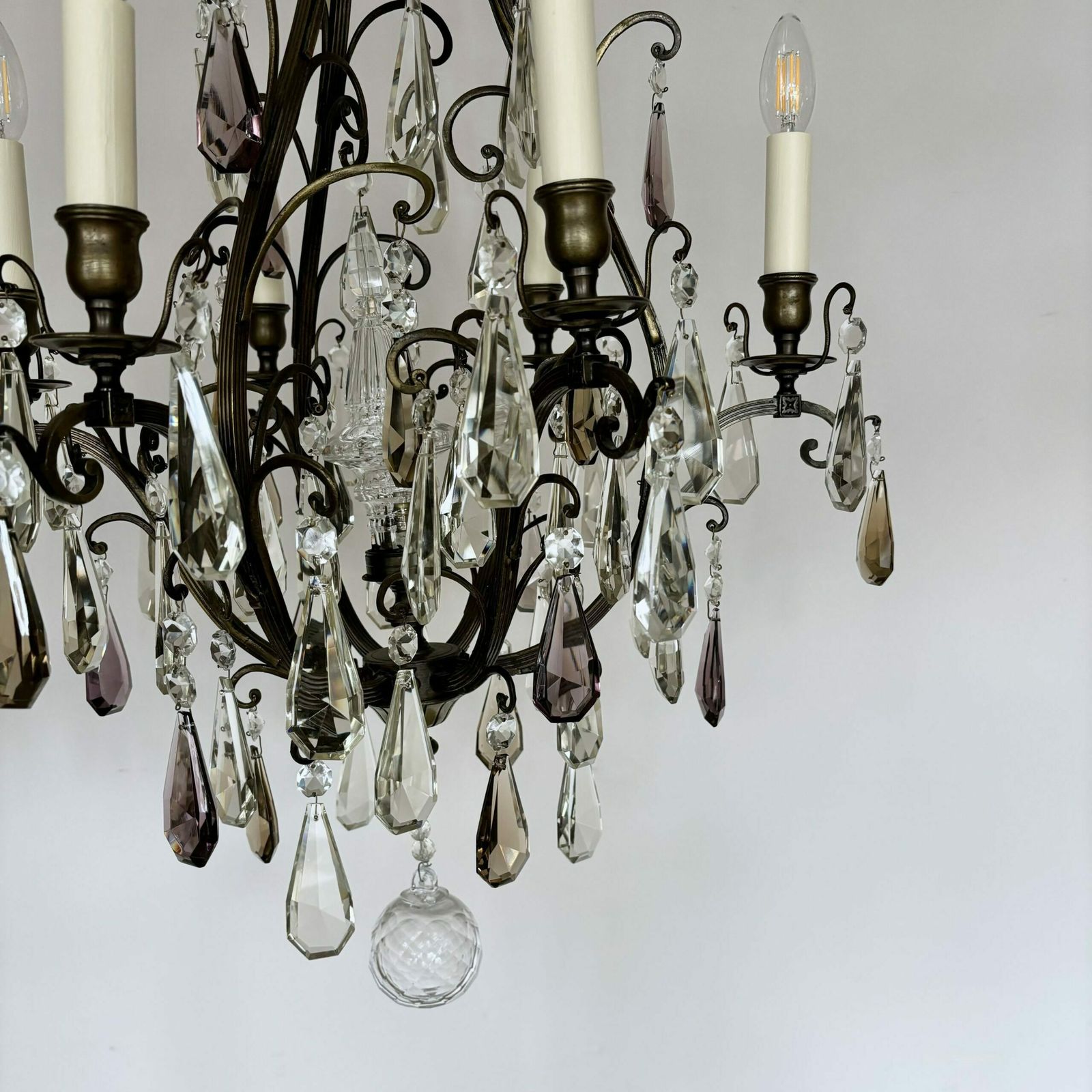 Large French Brass Birdcage Chandelier With Smokey Crystal Drops photo buy