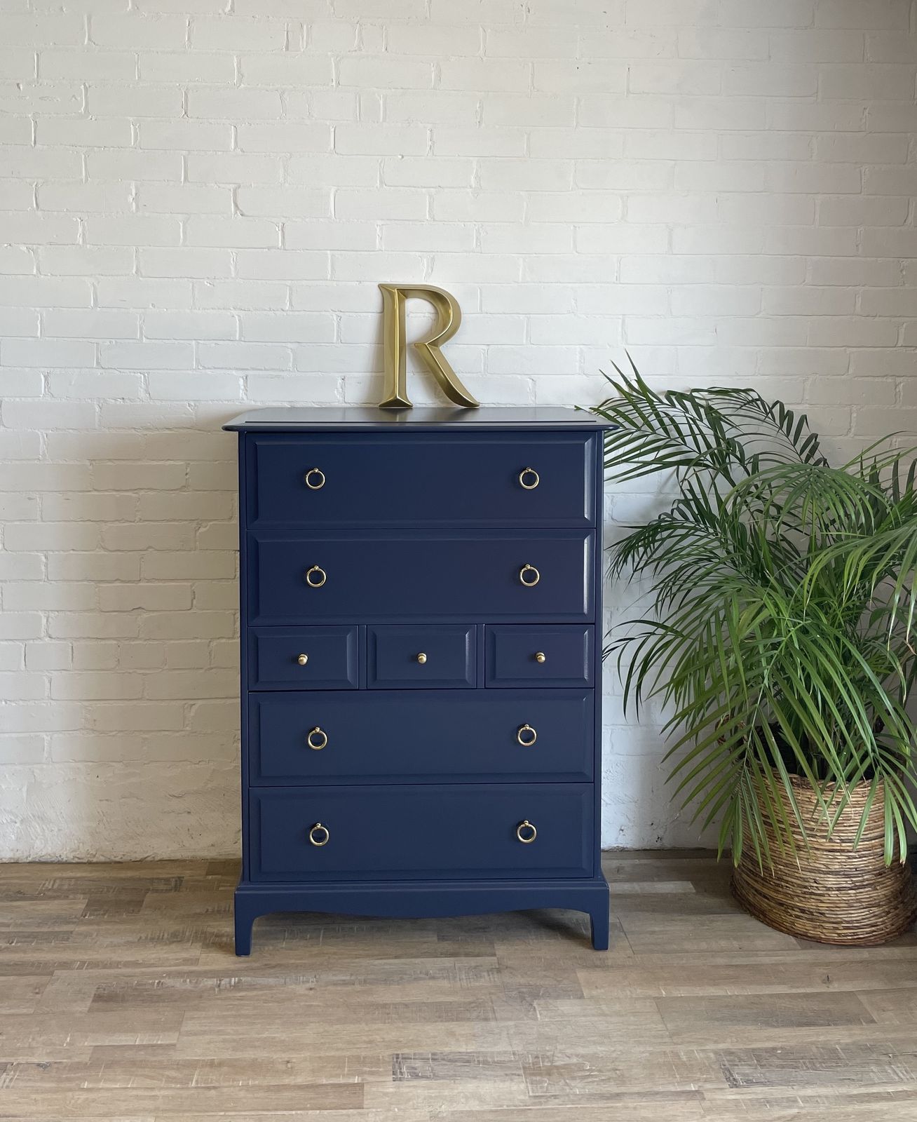 Stag Minstrel Tallboy Chest Of Drawers Painted Navy Blue photo vintage