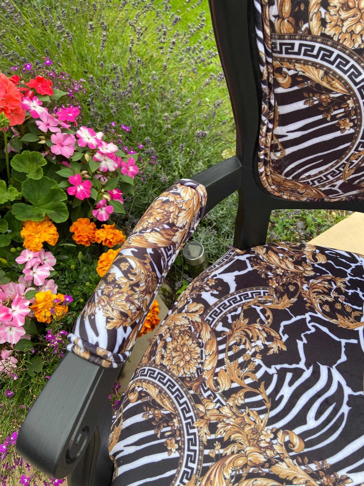Zebra Velvet Print Vintage Chair, Rococo Style Bespoke Accent Arm Chair, Quirky Eclectic Print Chair photo Furniture
