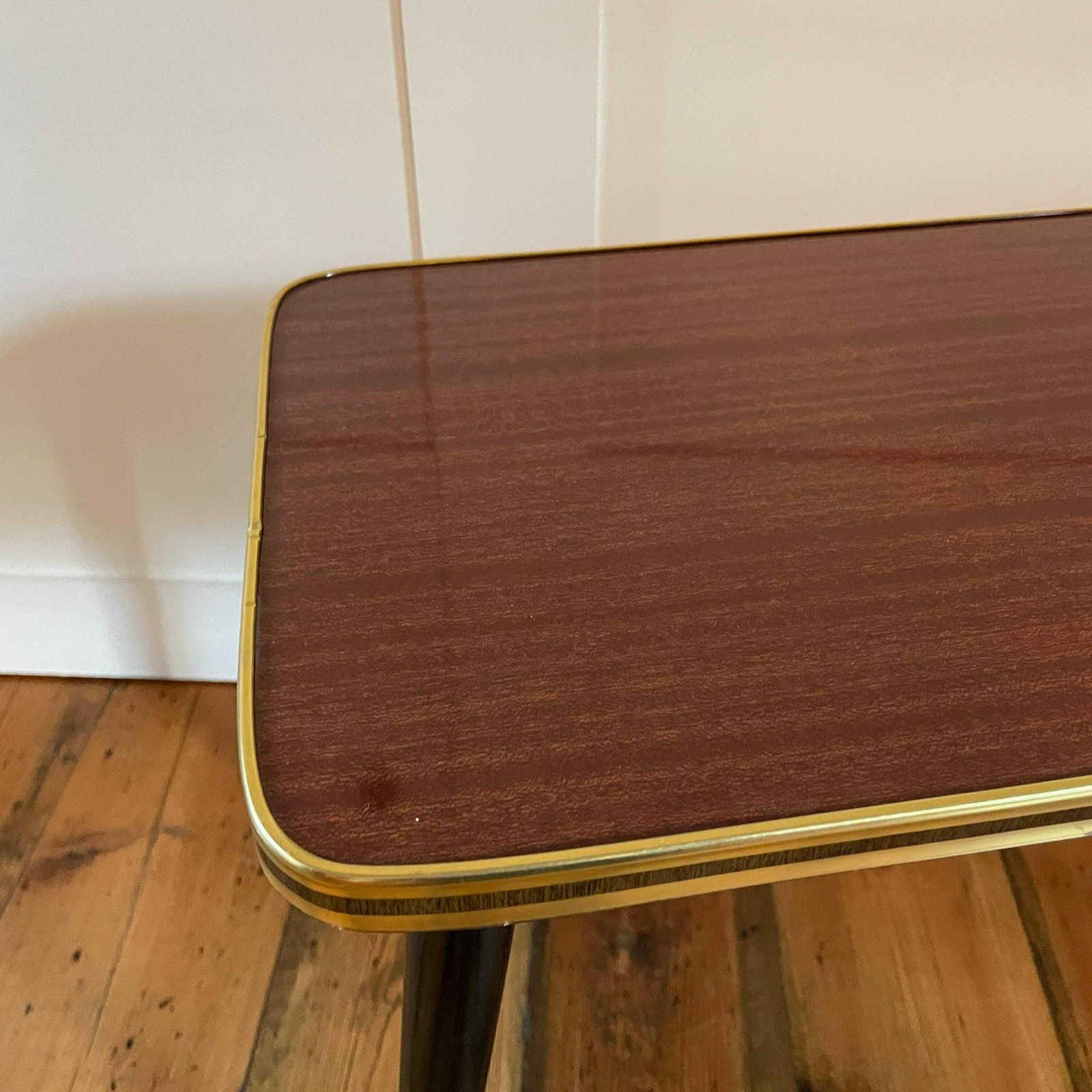 Vintage Retro Wooden Table Rectangle Wood Side Boho Coffee Living Room Retro Lounge Black Pin Legs Gold Edge Plywood Brown photo buy