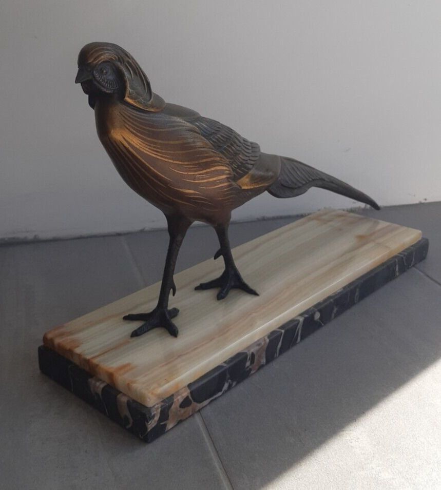 Fine Antique Art Deco Spelter Polychrome Lustrous Pheasant Figure Marble Base