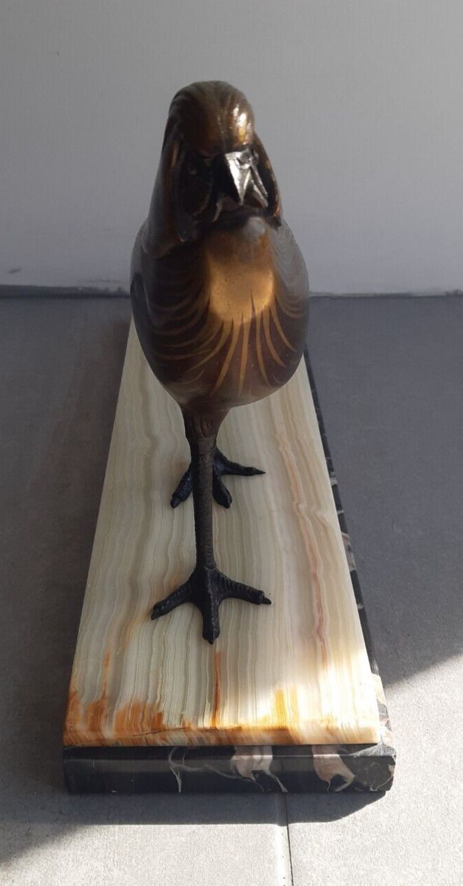 Fine Antique Art Deco Spelter Polychrome Lustrous Pheasant Figure Marble Base photo for sale