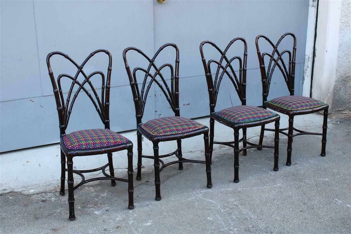 photo for sale Set Of Wooden Chairs Carved In Bamboo Fabric Missoni Italia 1960s