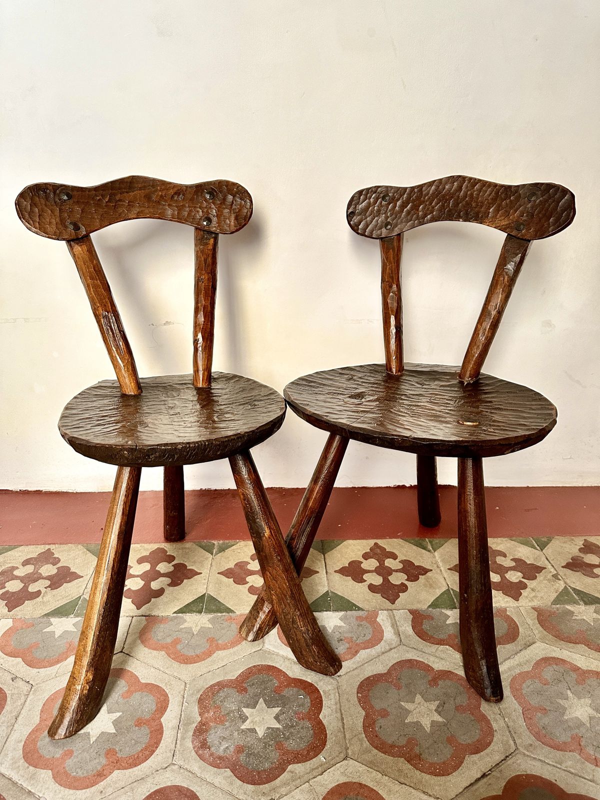 photo furniture Pair Of 1950s French Primitive Brutalist Milking Stools