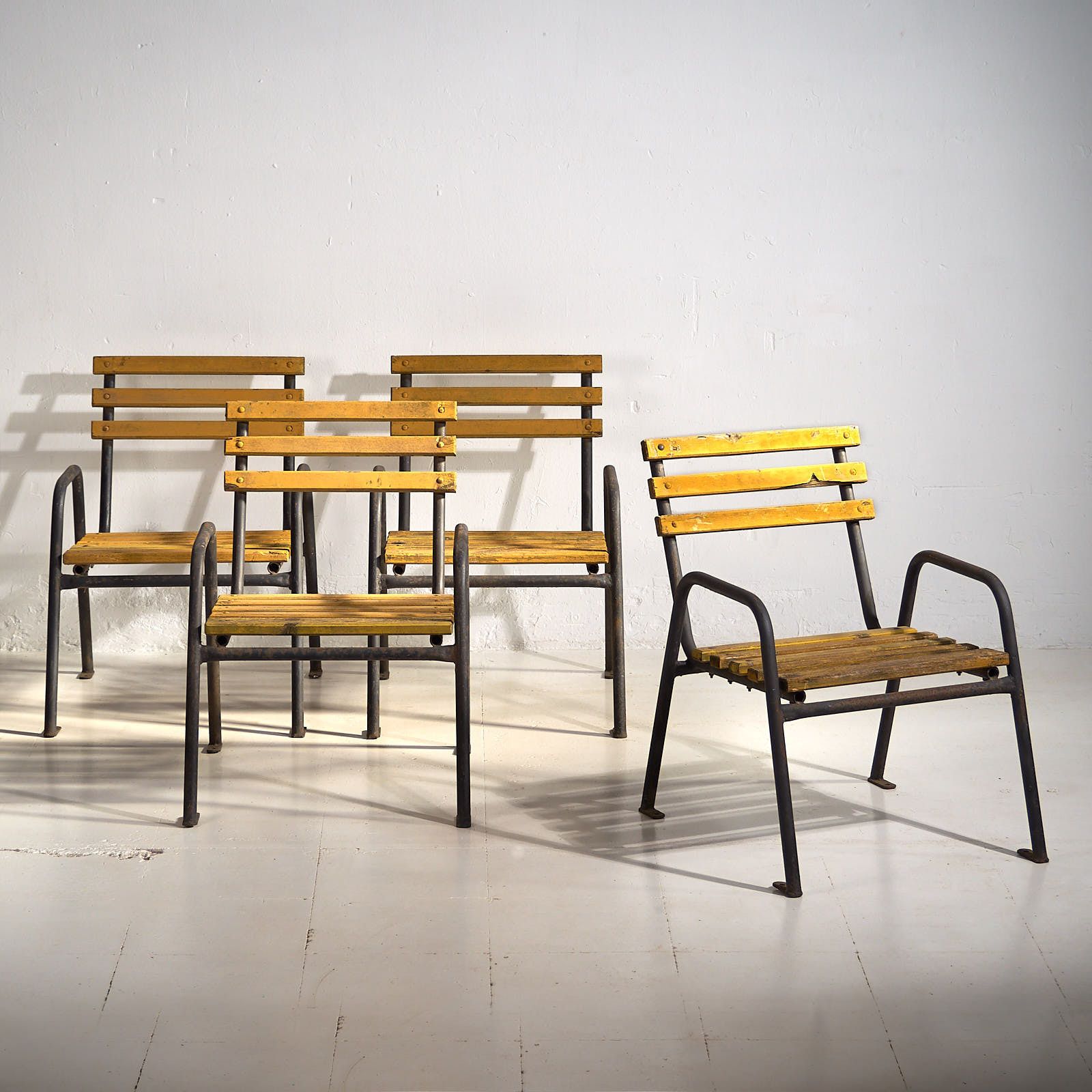 Yellow Antique Iron Garden Chairs (C.1920).Set Of 4 Pieces #39