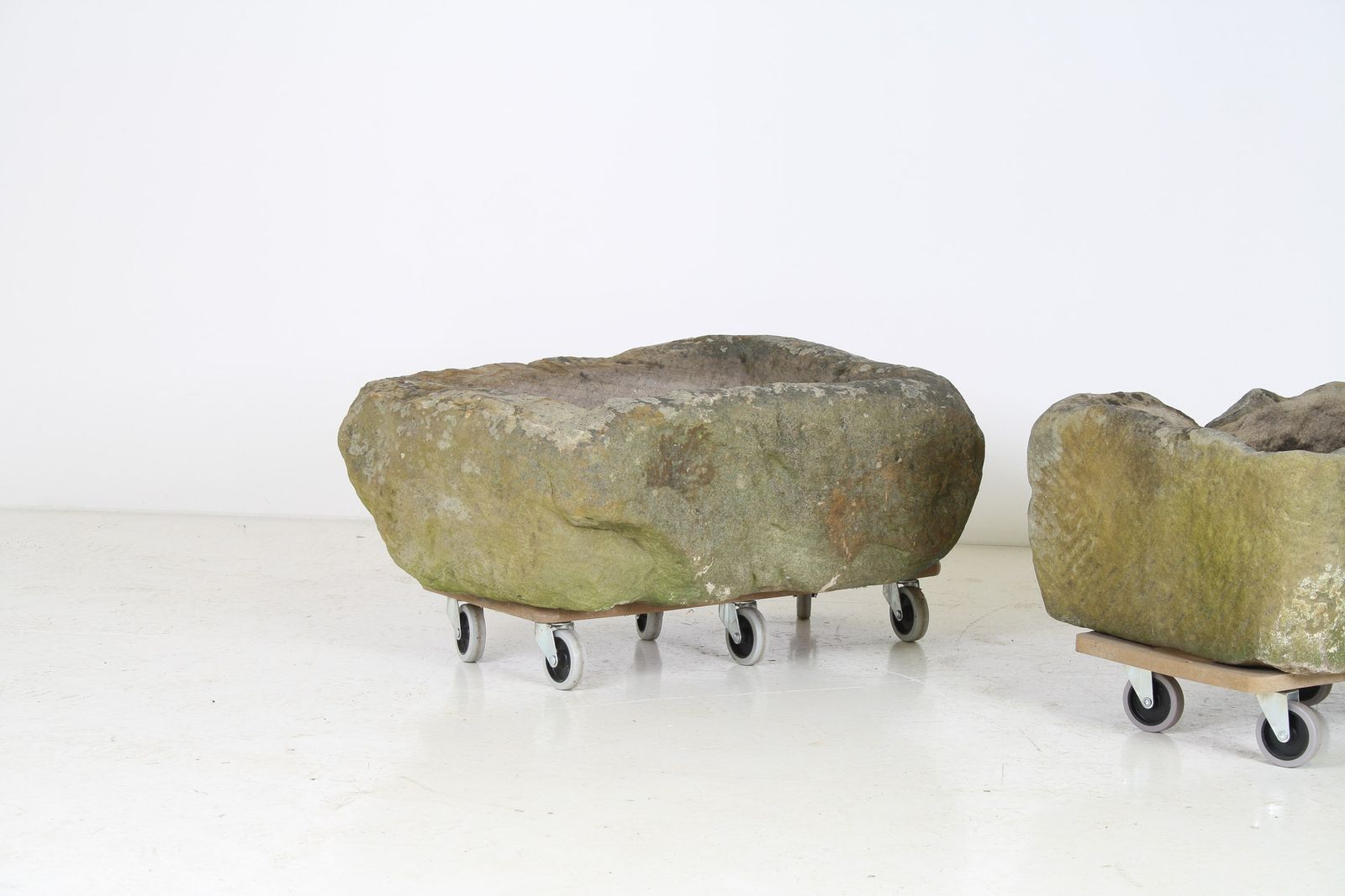 A Primitive Pair Of Stone Trough Garden Planters With Weathered Patina photo for sale