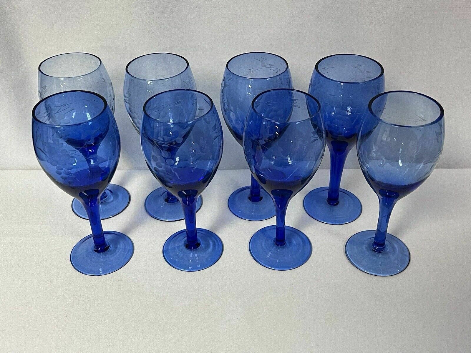 Set Of 8 Vintage Blue Handblown Etched Small Wine Glasses Cocktail Bar