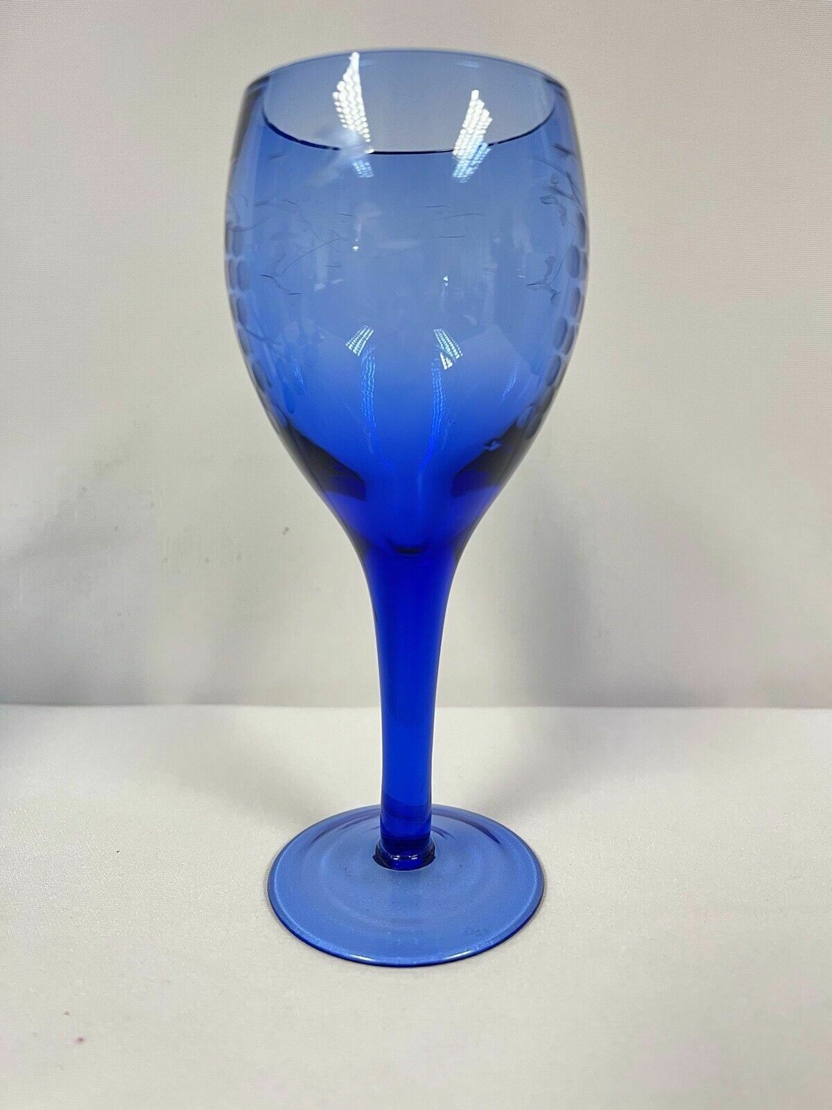 Set Of 8 Vintage Blue Handblown Etched Small Wine Glasses Cocktail Bar photo for sale