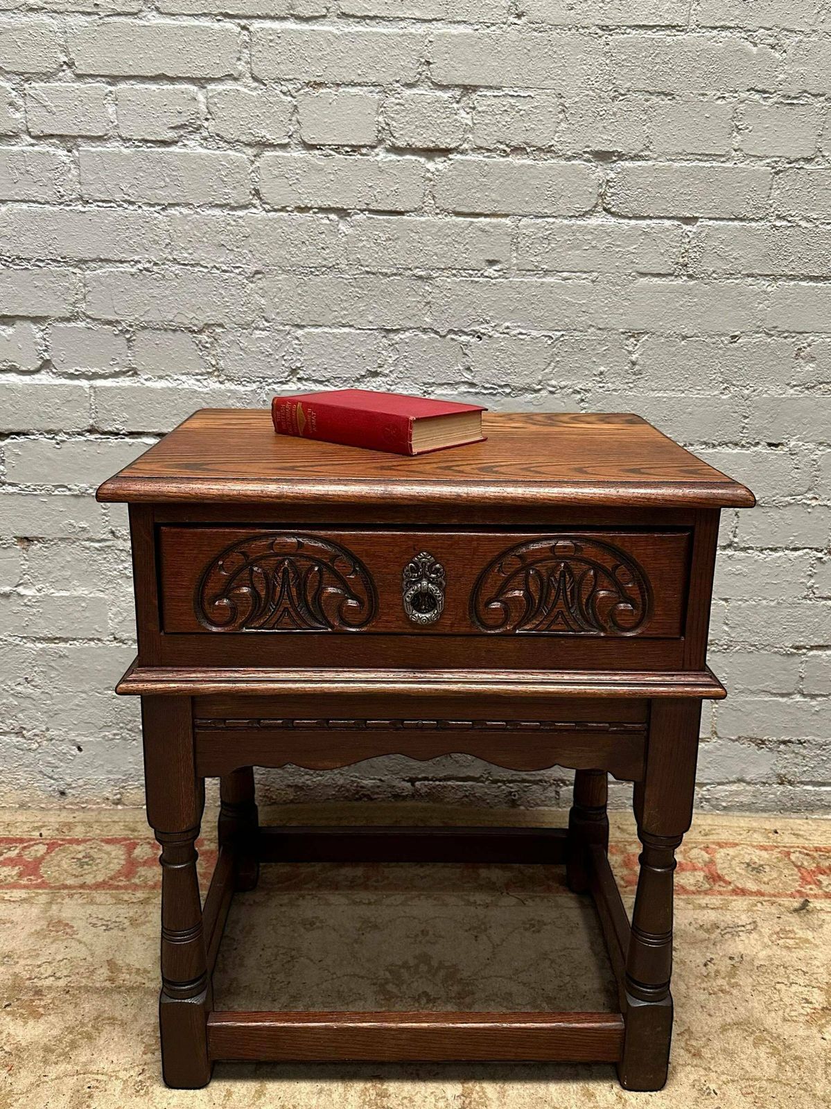 Vintage Old Charm Wood Bros / Carved Oak Lamp Sofa Side Table 1960s