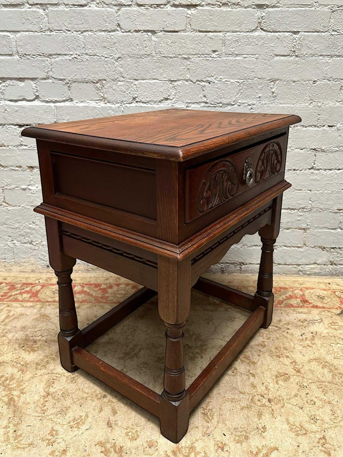 Vintage Old Charm Wood Bros / Carved Oak Lamp Sofa Side Table 1960s photo for sale