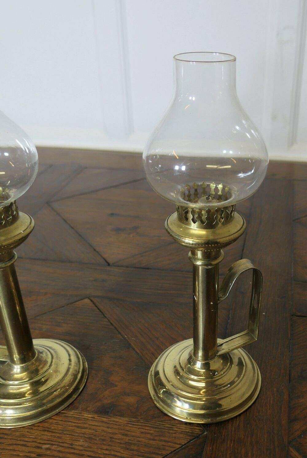 Pair Of Brass Candlesticks With Glass Chimneys photo vintage
