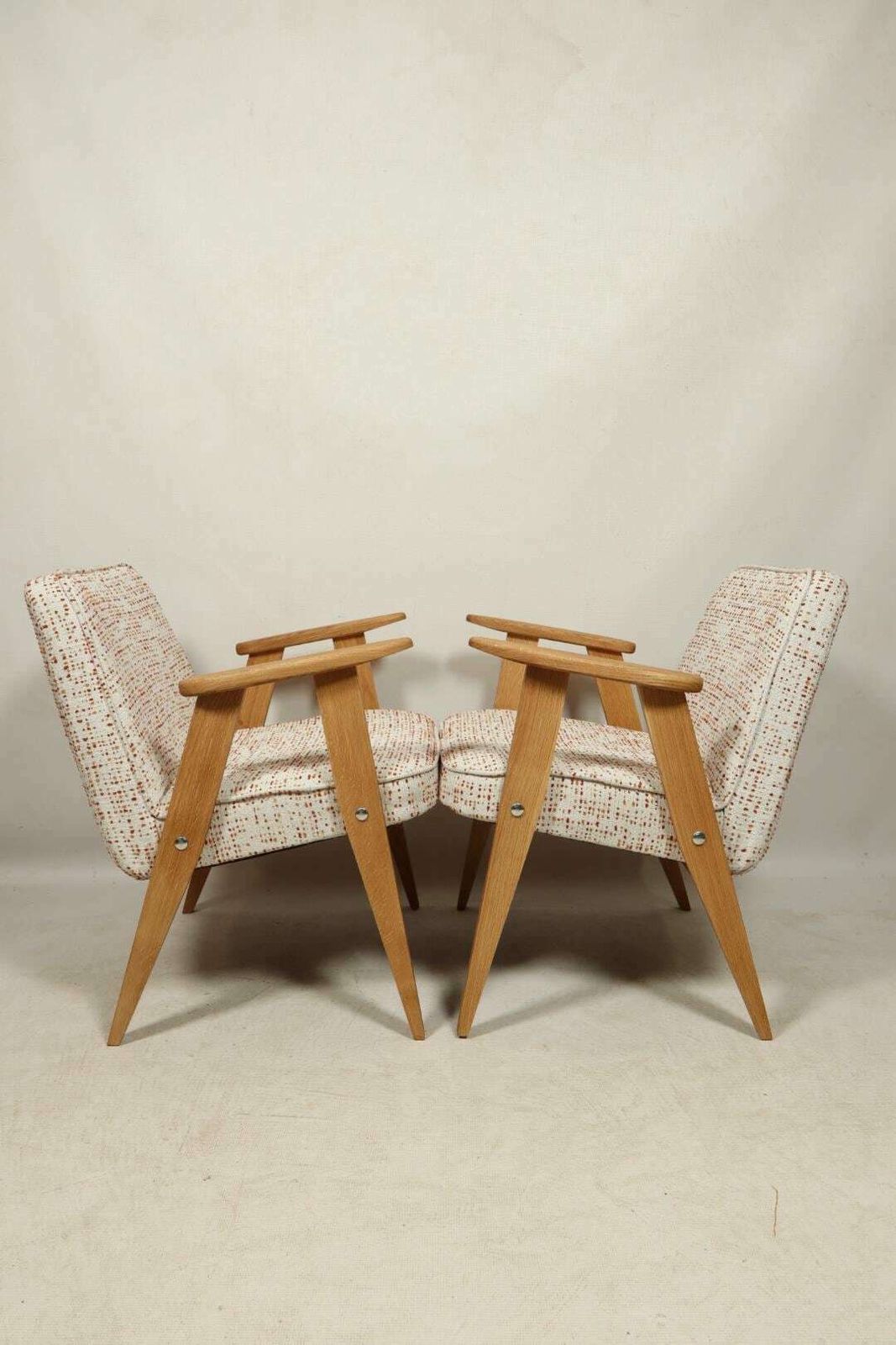 Space Age Armchairs Set Of 2 Oak Wood White Boucle Orange Polka Dots By Chierowski