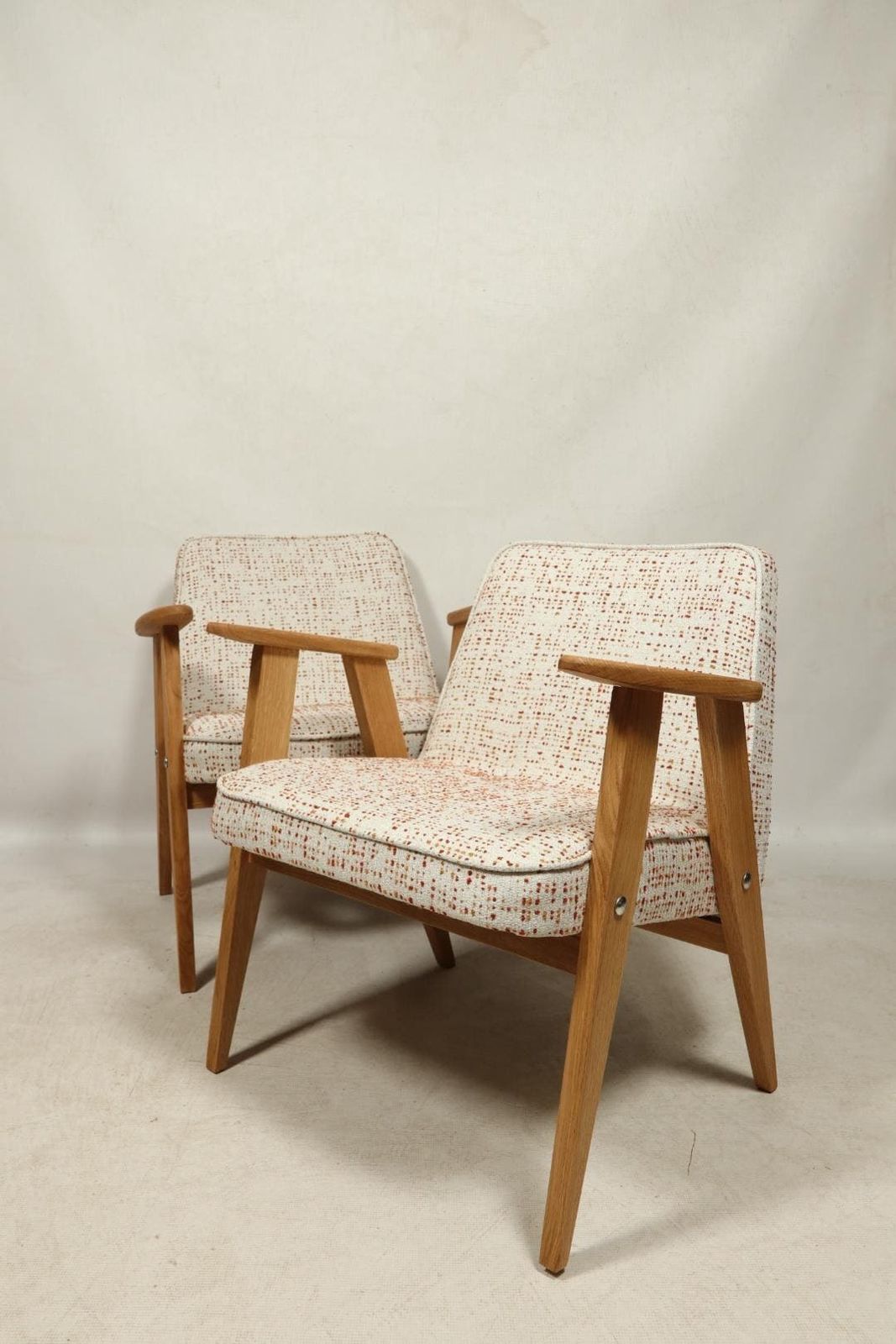 Space Age Armchairs Set Of 2 Oak Wood White Boucle Orange Polka Dots By Chierowski photo Furniture