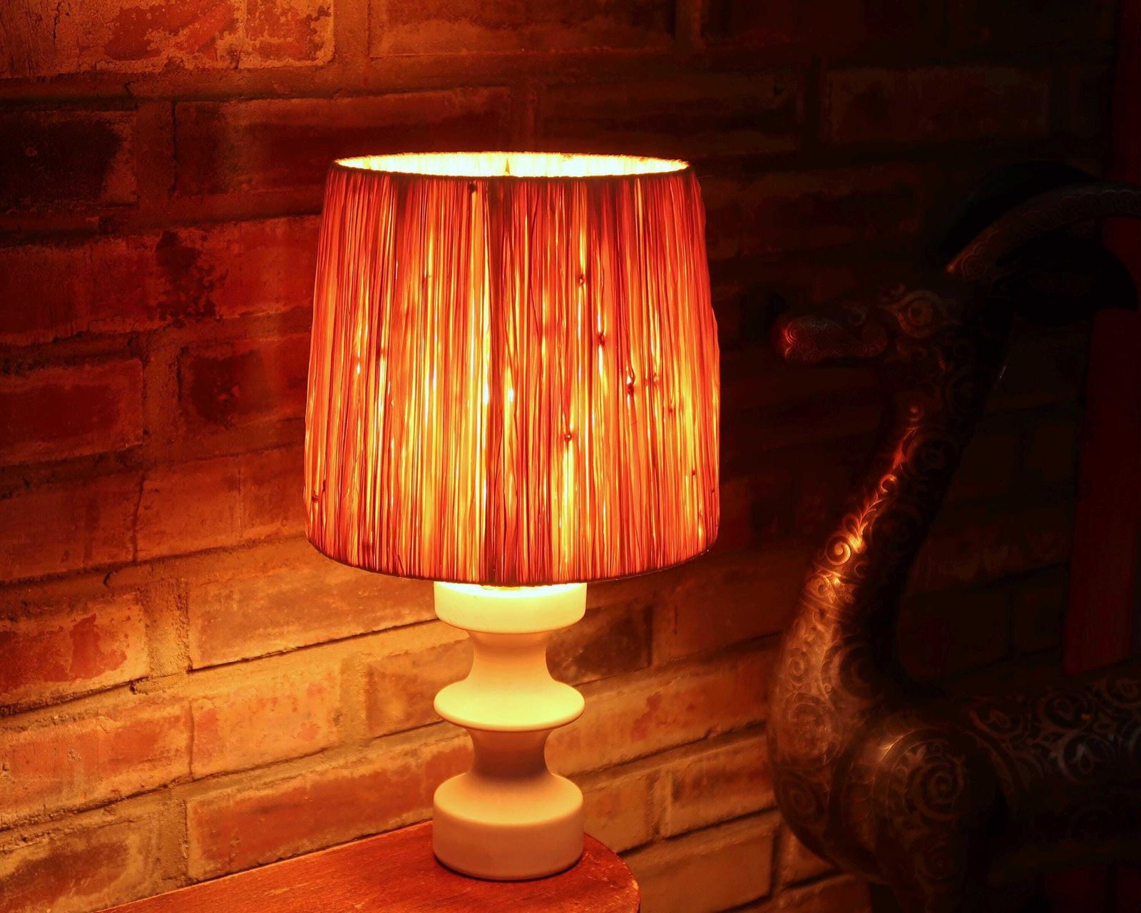 Column White Ceramic Table Lamp By Cari Zalloni For Steuler Germany, Raffia Shade, 1970s / Mid Century Modern, Minimalist, Lighting photo Lighting