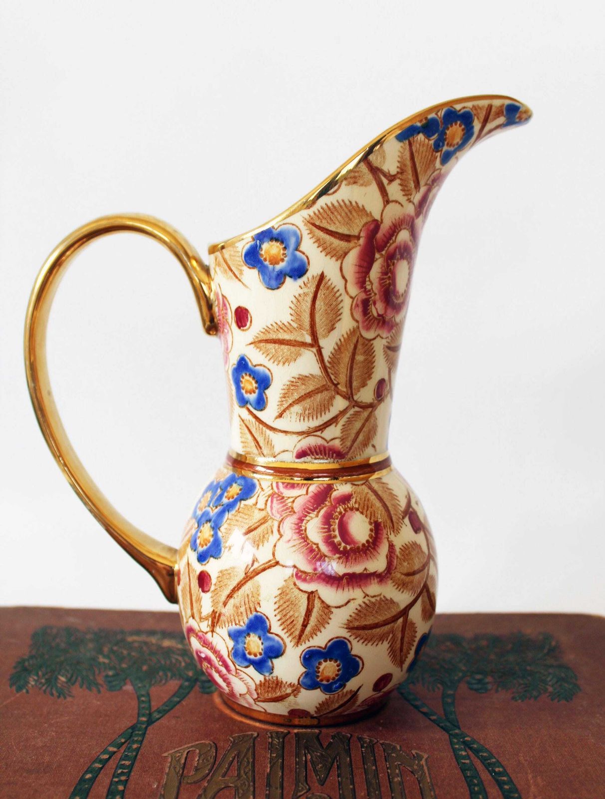 Vintage Art Deco Raymond Chevallier, Boch Freres Belgium, Shanghai D2940 Pattern, Ceramic Pitcher Vase, Belgium, Pink Decor, Gold Accents photo furniture