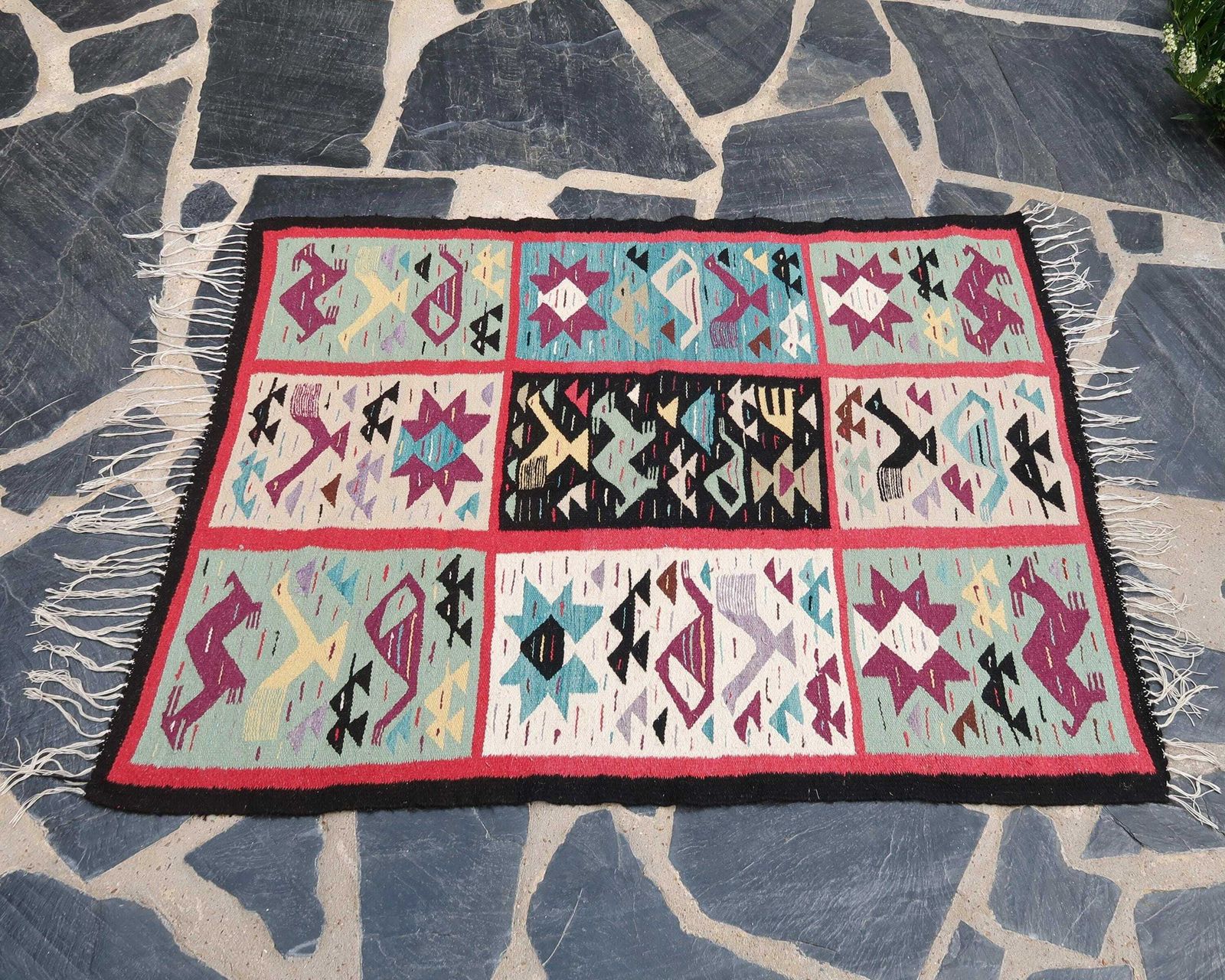 Vintage Colorful Wool Carpet, South America, 1970s / Textile, Aztec, Folk, Rug, Modern, Mexico, Incas, Maya, Stylized Animal photo furniture