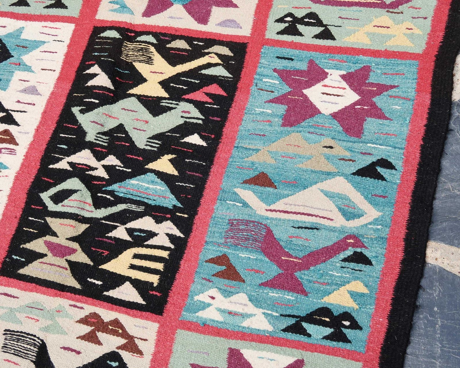Vintage Colorful Wool Carpet, South America, 1970s / Textile, Aztec, Folk, Rug, Modern, Mexico, Incas, Maya, Stylized Animal photo Textiles