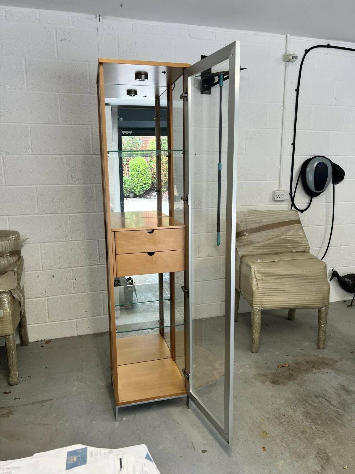 Tall Slimline Designer Glass And Light Wood Cabinet photo Furniture
