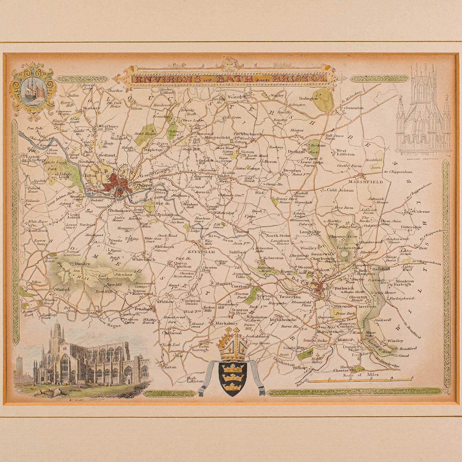 Antique Environs Of Bath & Bristol Map, English, Framed Cartography, Victorian photo for sale