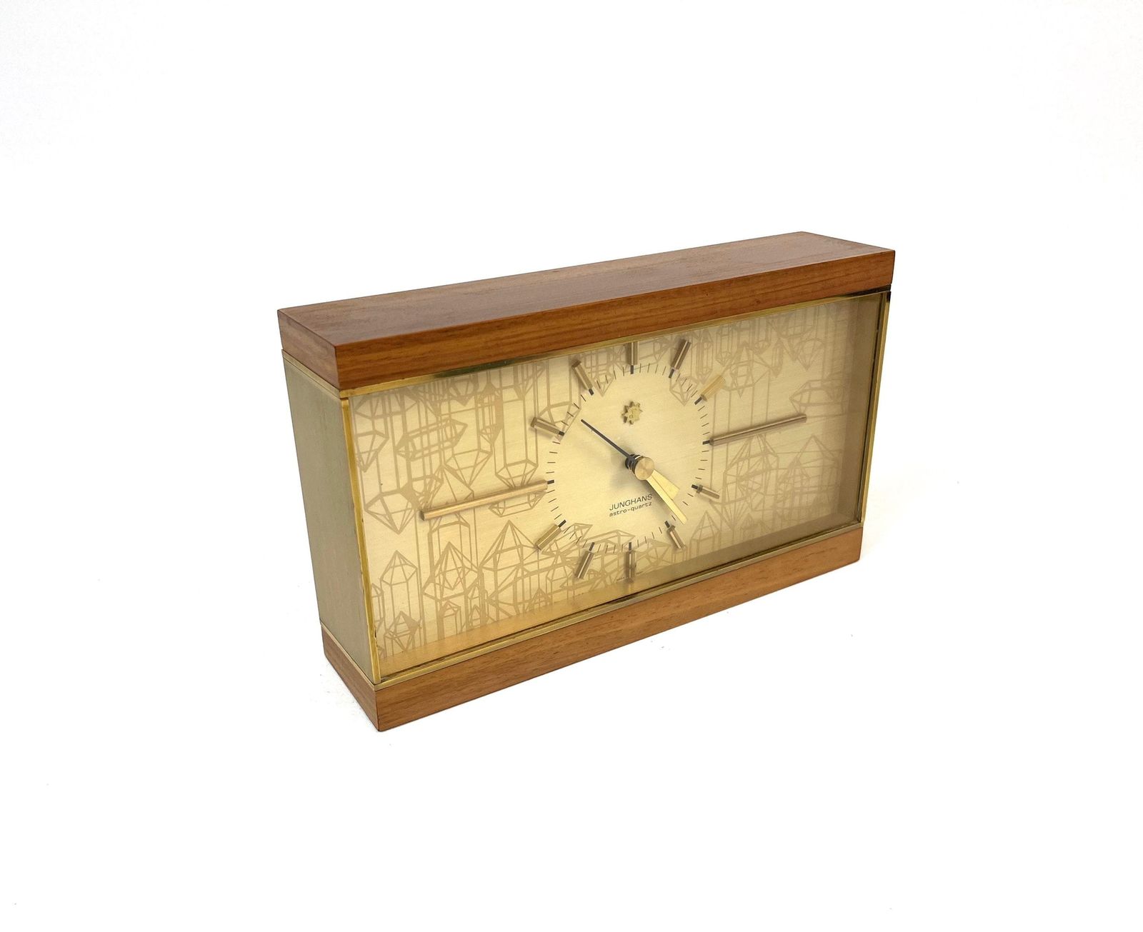 Stunning Mid Century Teak & Brass Desk Clock By Junghans Astro Quartz Germany 1960 photo furniture