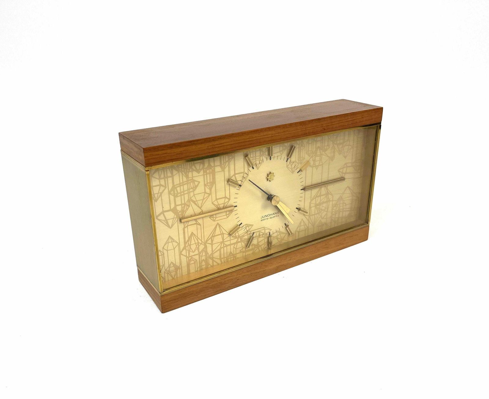 photo for sale Stunning Mid Century Teak & Brass Desk Clock By Junghans Astro Quartz Germany 1960